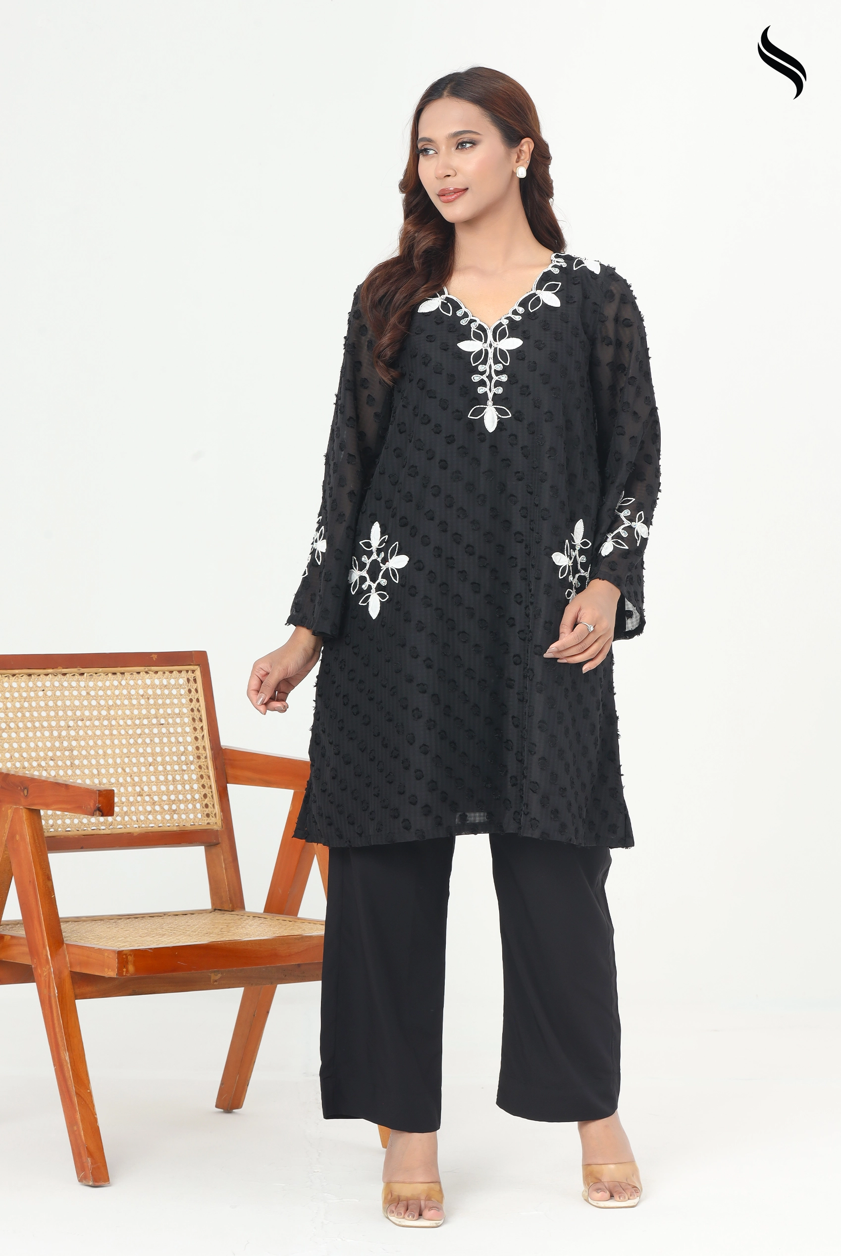 SEESHELL Women's Two Piece Polka Dot Embossed Georgette Black (Black Color) 01