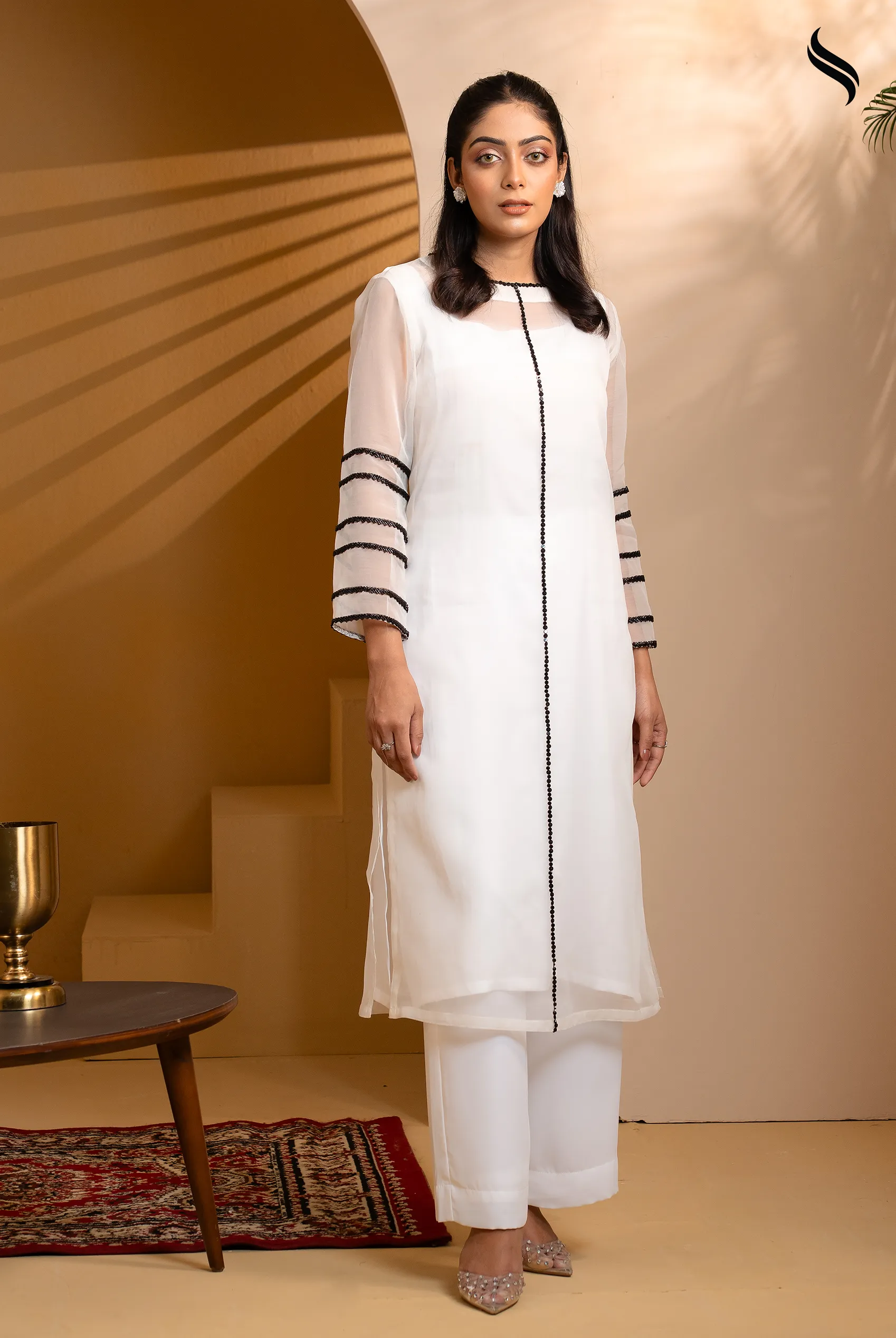 SEESHELL Women's Three Piece Muslin Karchupi Black White (Black &White Color) 01