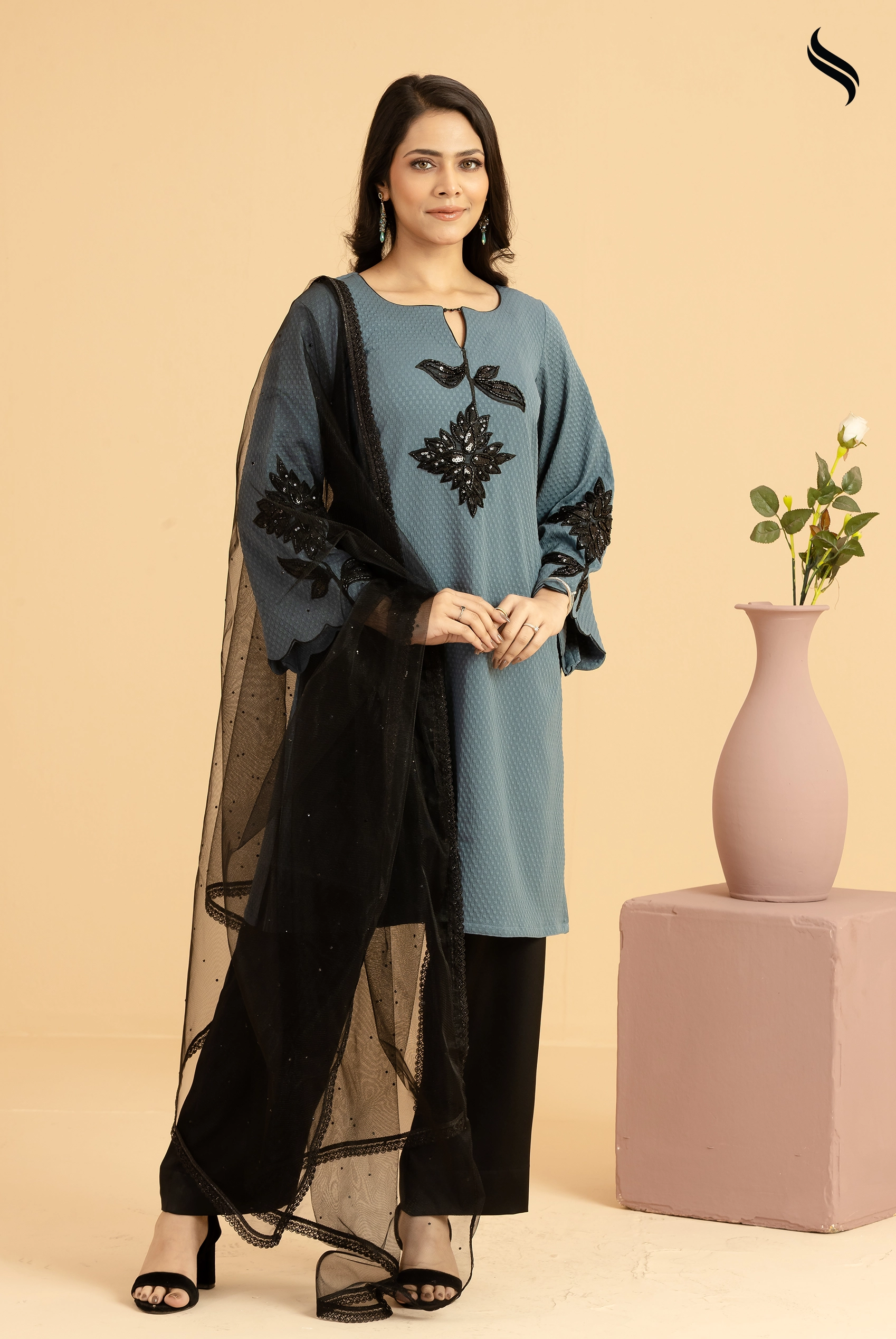 SEESHELL Women's Three Piece Farsi Lace Applique Blue Grey (Blue Grey Color) 01