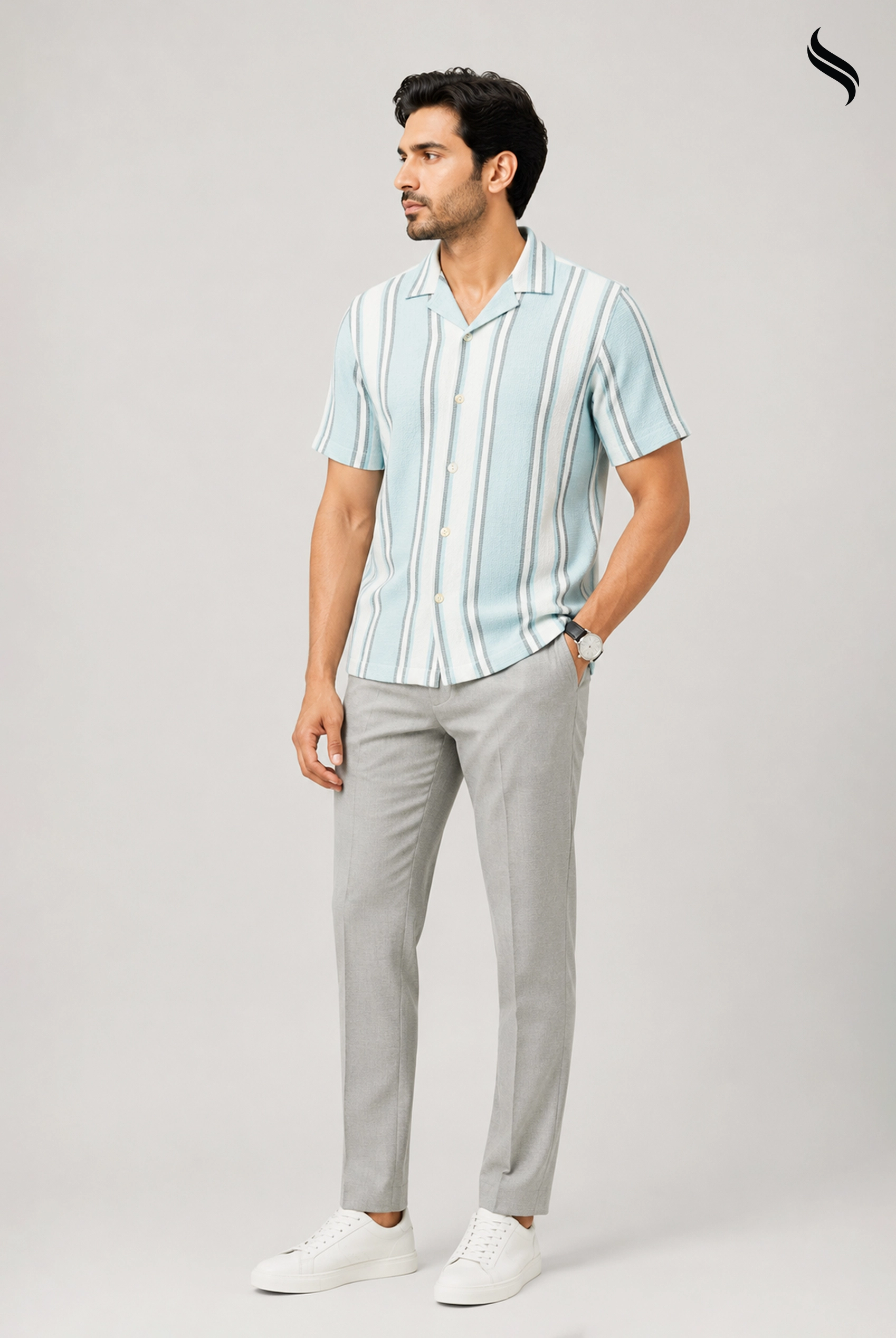 SEESHELL Men's Cuban Shirt Remi Cotton Sky Blue Stripe (Sky Blue Stripe Color) 01