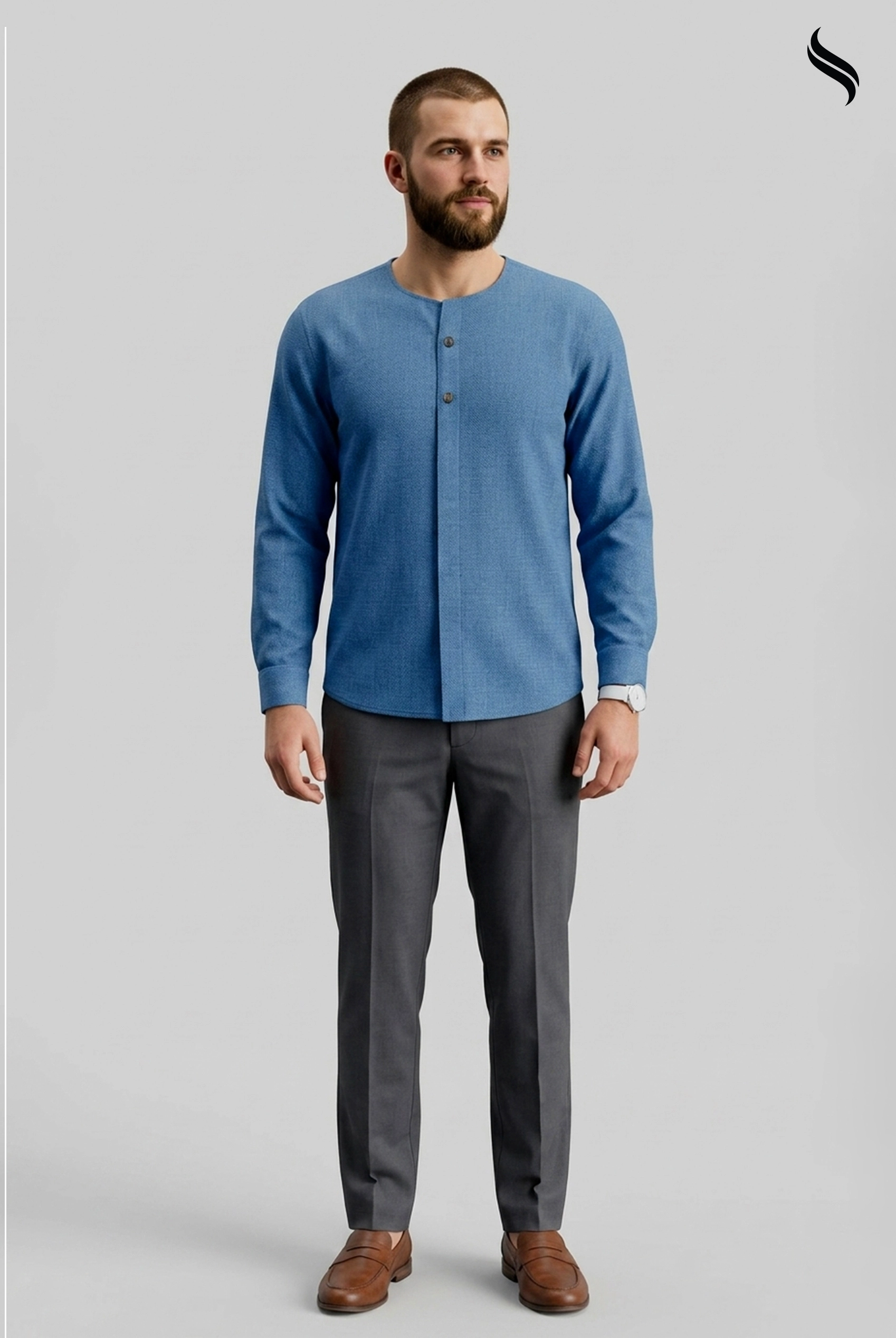 SEESHELL Men's Long Sleeve Shirt Tensile Round Neck Blue (Blue Color) 01