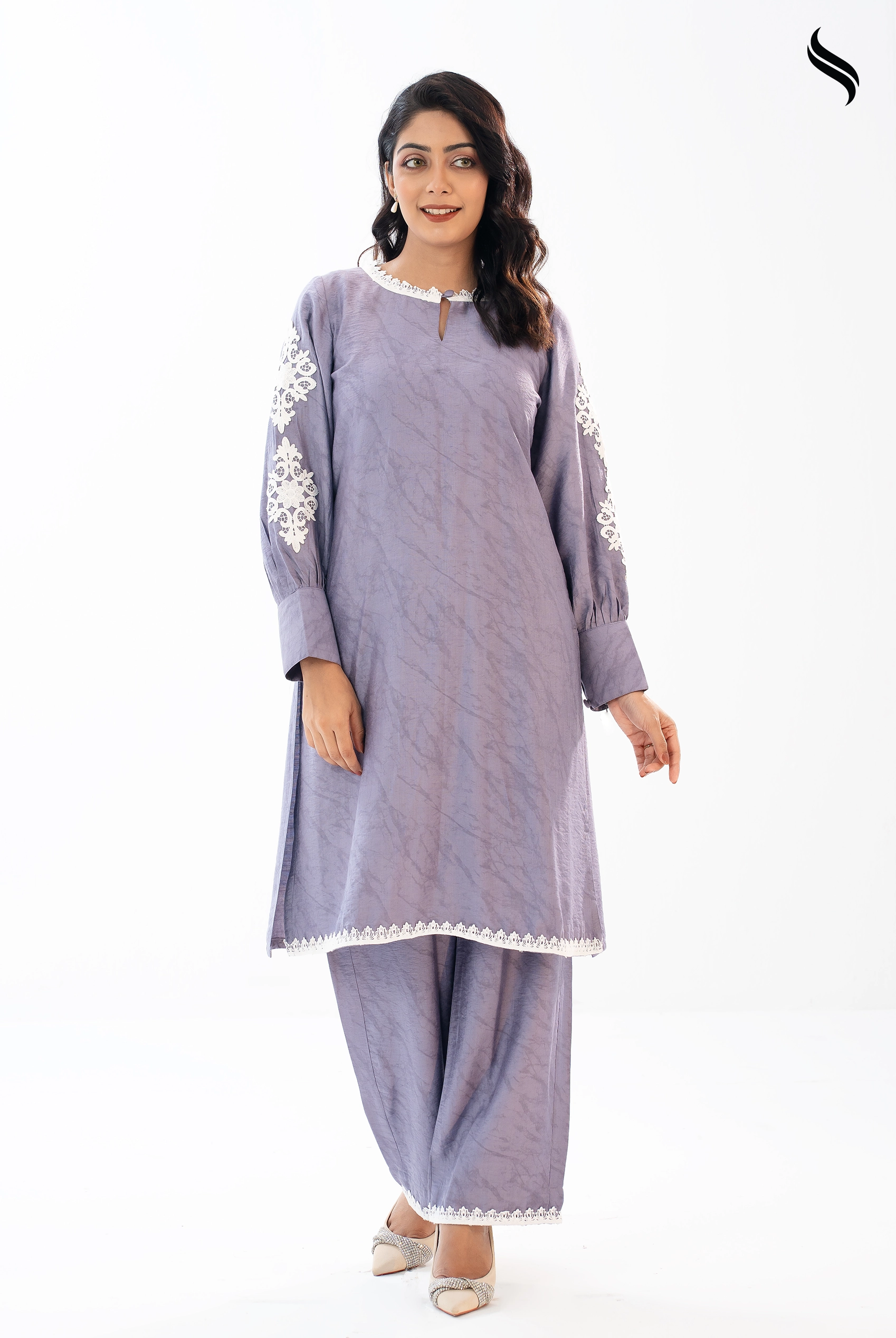SEESHELL Women's Co Ord Blended Silk Applique Blueish Grey (Blueish Grey Color) 01