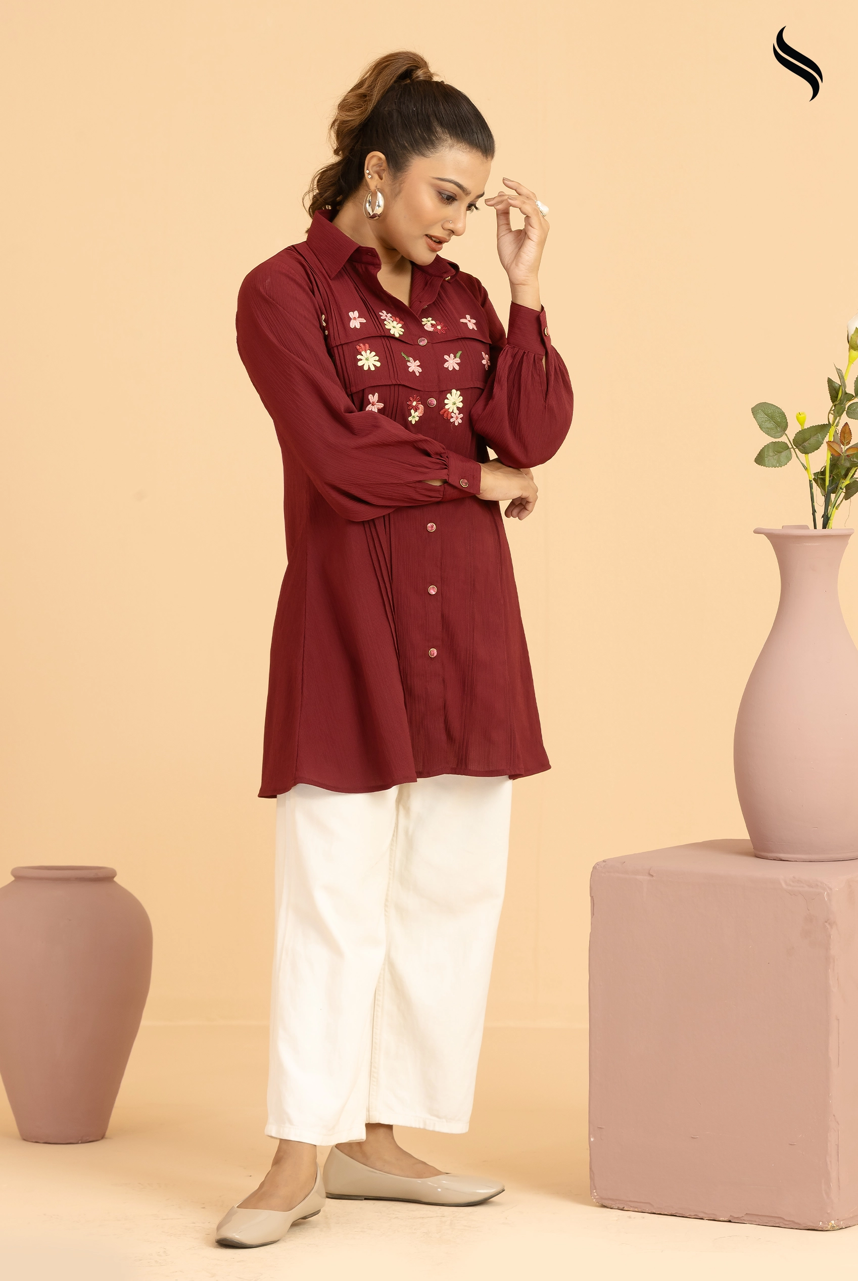 SEESHELL Women's Top Silk Blend Lace Applique Burgundy (Burgundy Color) 01
