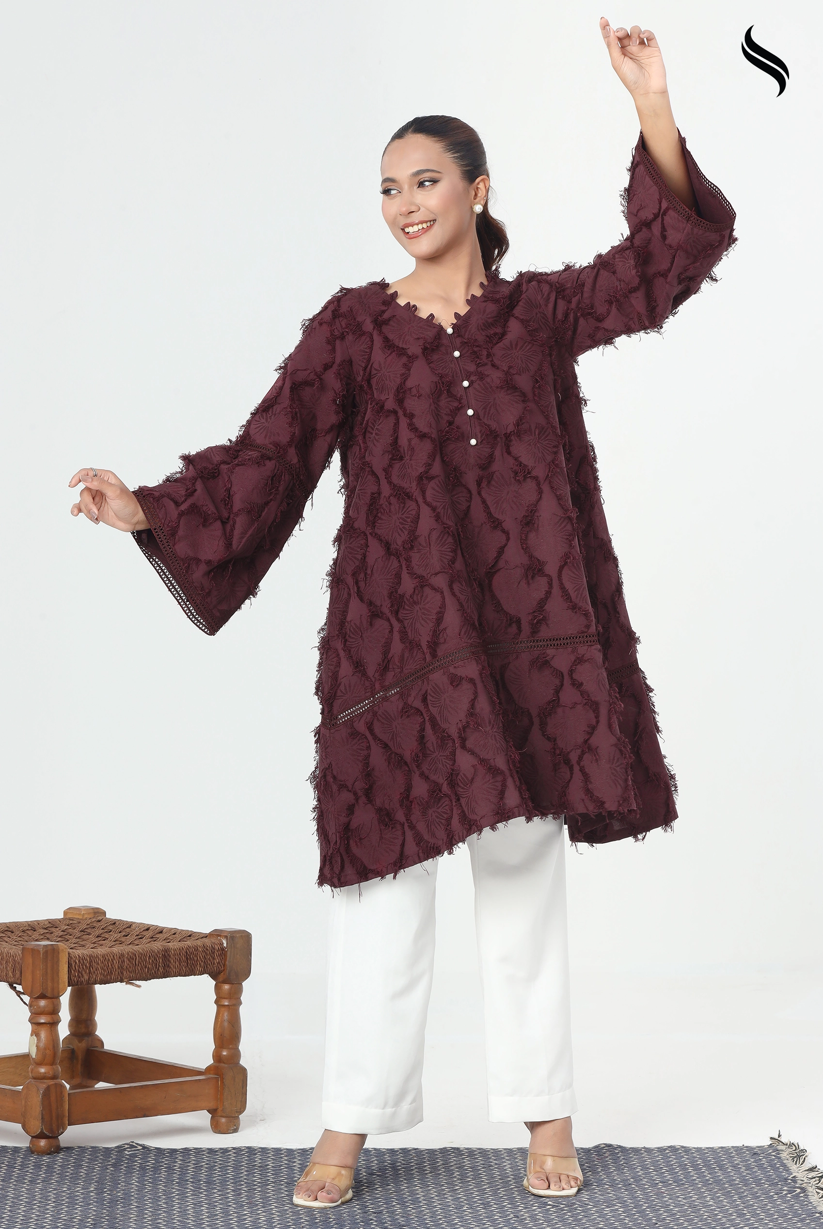 SEESHELL Women's Two Piece Cotton Twill Lace Burgundy (Burgundy Color) 01