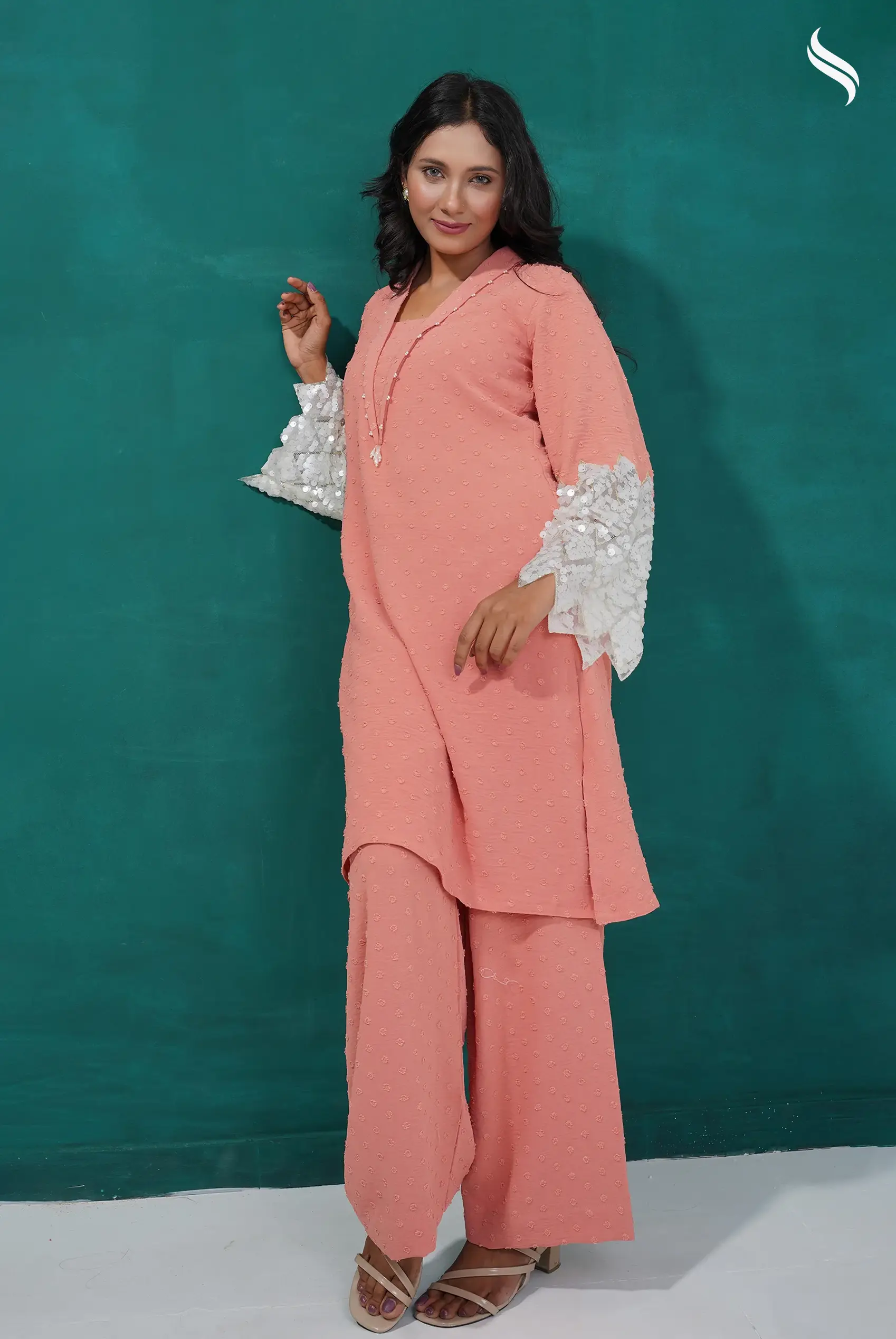Buti Fabric Set With Zigzag Applique (Coral pink Color) 02