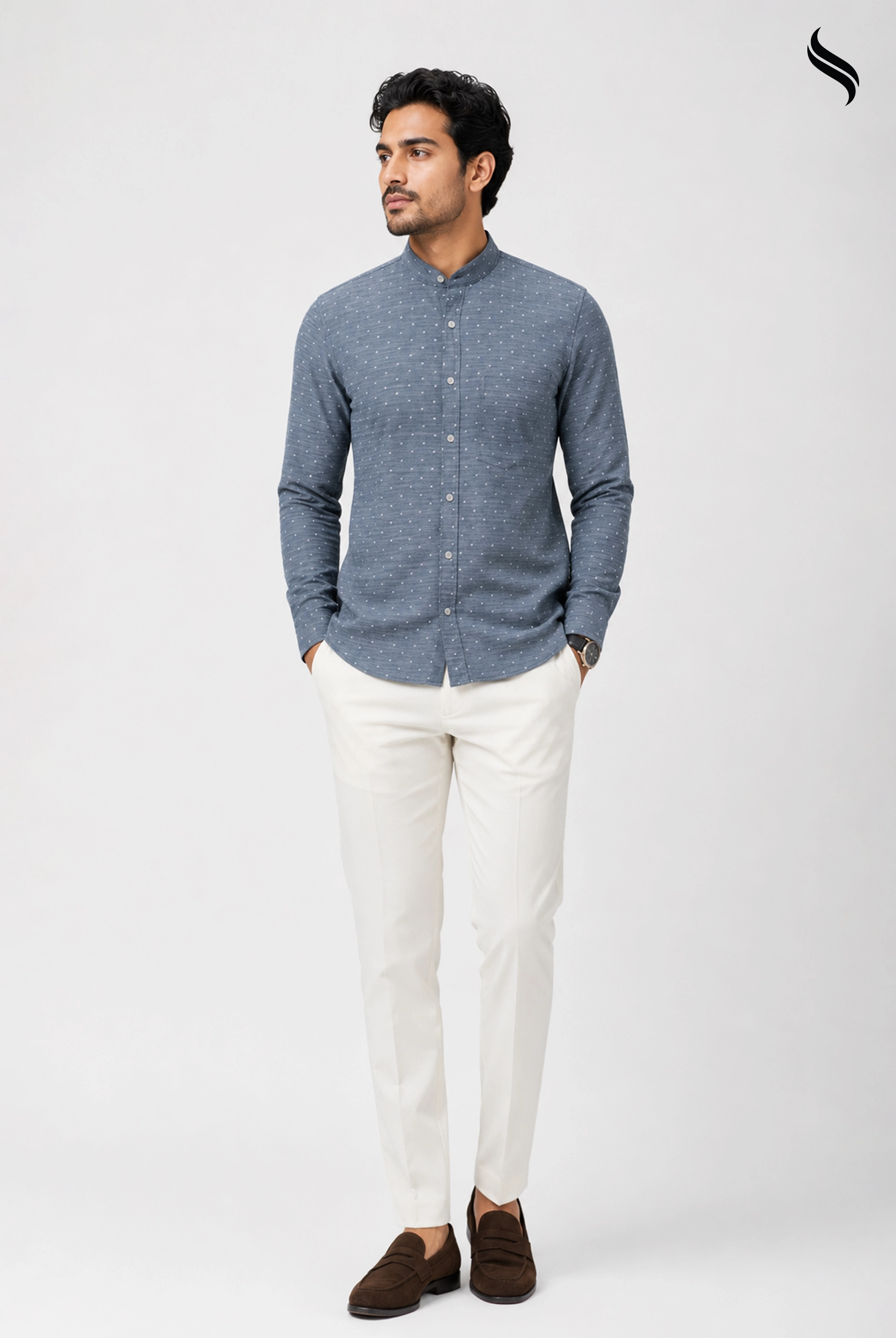 SEESHELL Men's Band Collar Shirt Chambray Polka Dot Light Blue (Light Blue Color) 01