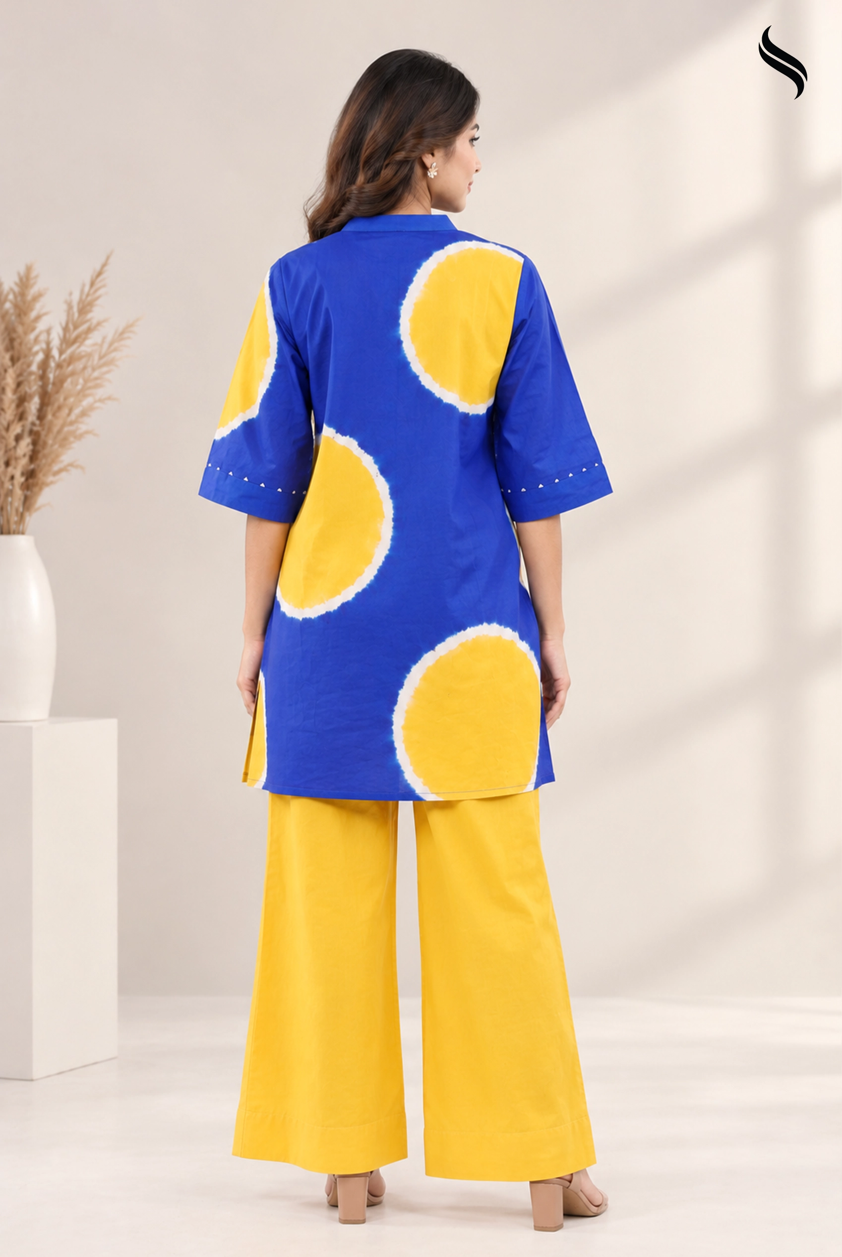 SEESHELL Women's Two Piece Cotton Tie Dye Cobalt Blue Yellow Ochre (Cobalt blue and yellow ocre tie dye Color) 01