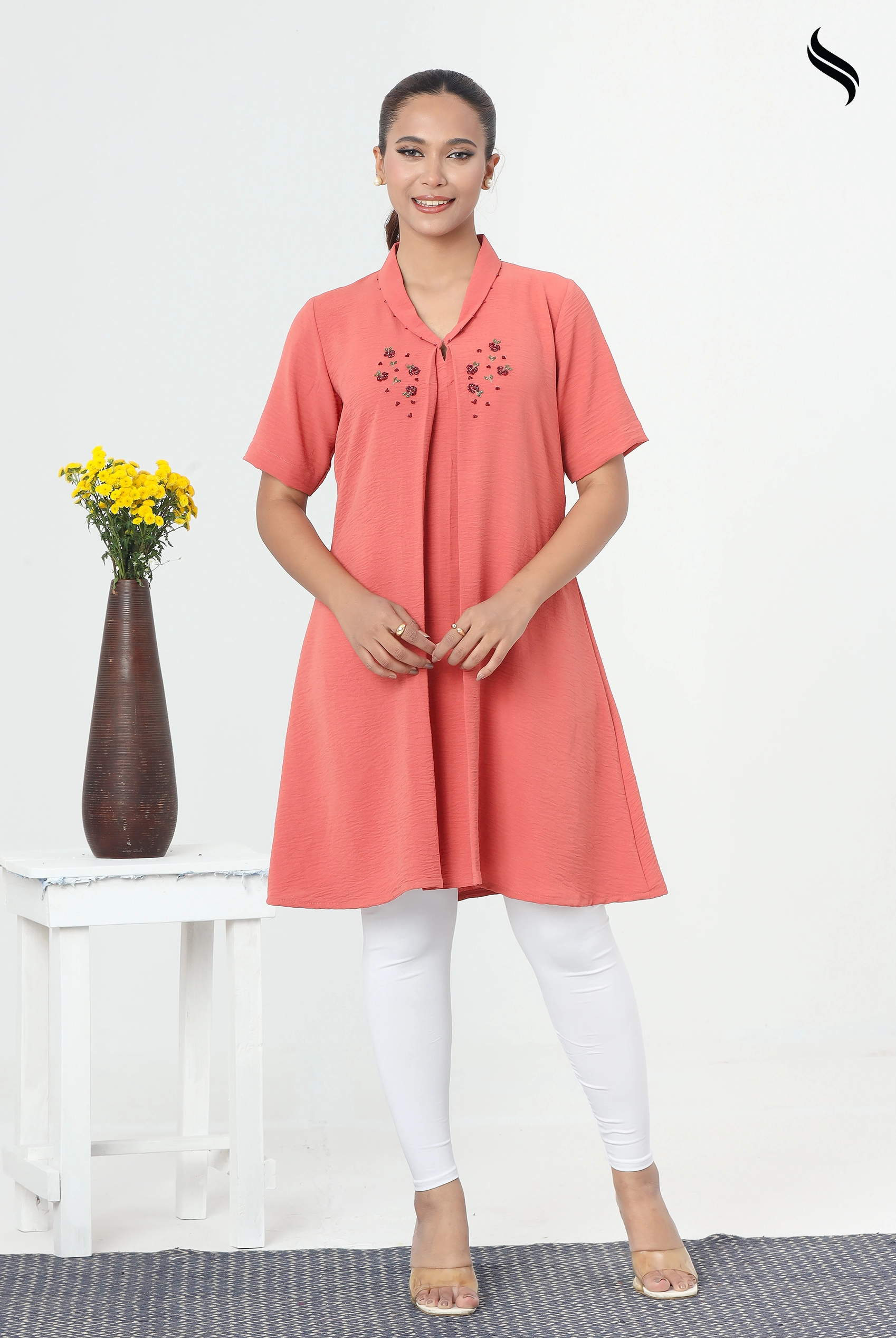 SEESHELL Women's Top Blended Silk Karchupi Coral Pink (Coral pink Color) 01