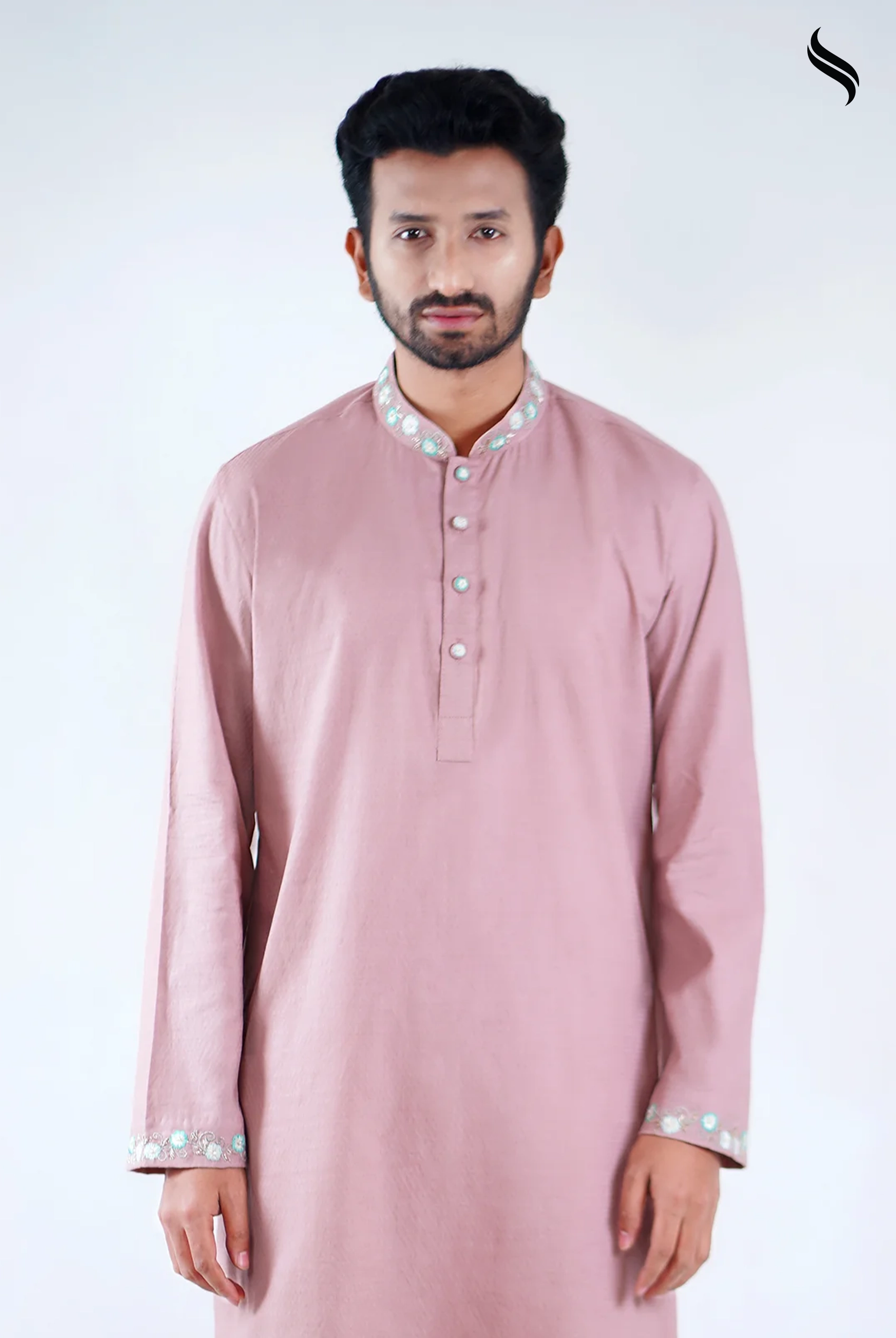 Cotton Men's Panjabi With Floral Embroidery (Pink Color) 01