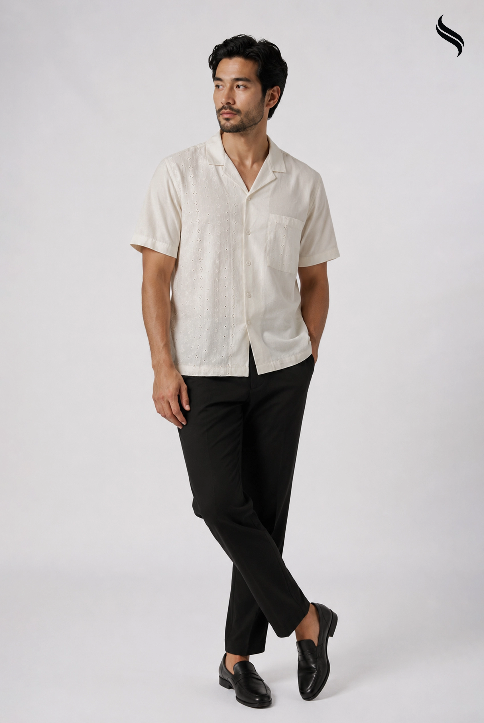 SEESHELL Men's Cuban Shirt Schiffli Cotton Cream White (Cream White Color) 01