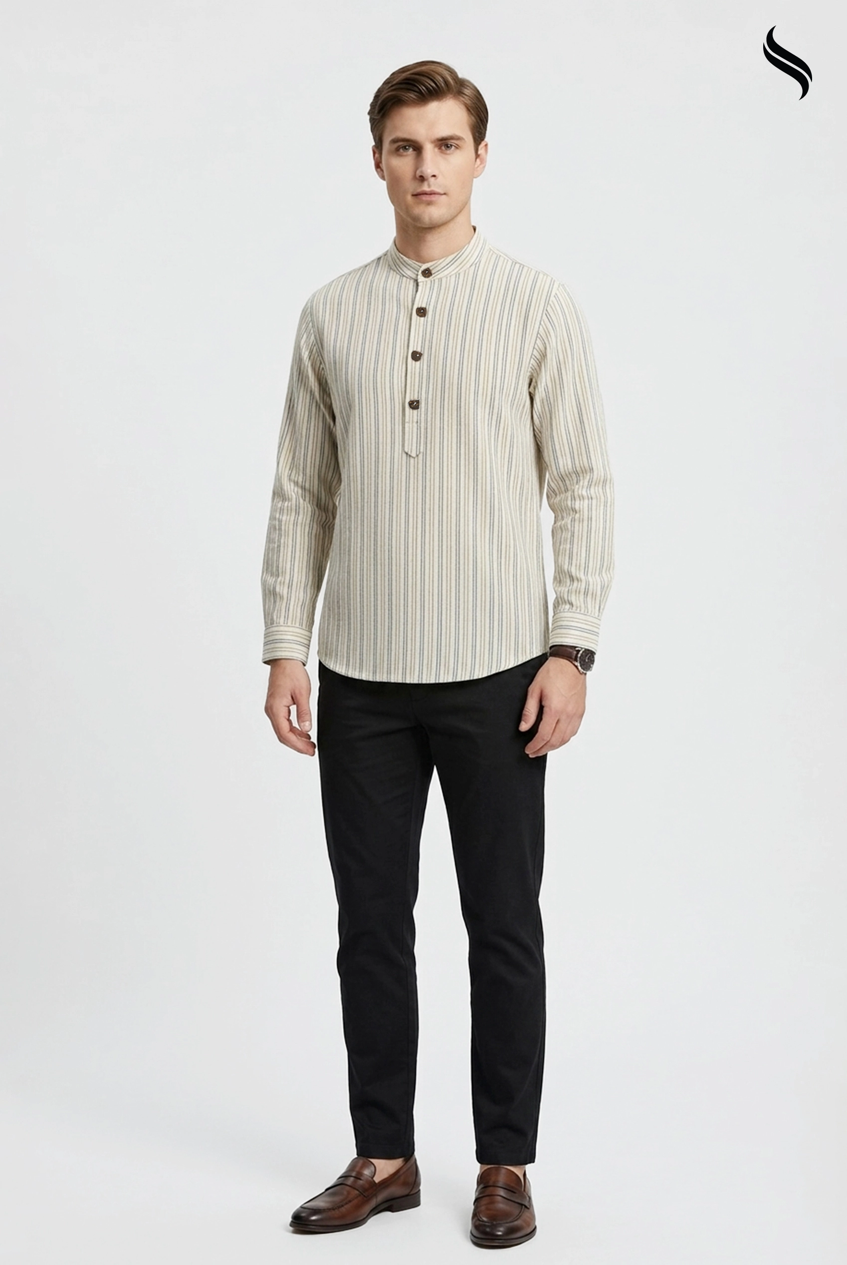 SEESHELL Men's Shirt Remi Cotton Stripe Cream White (Cream White Color) 01
