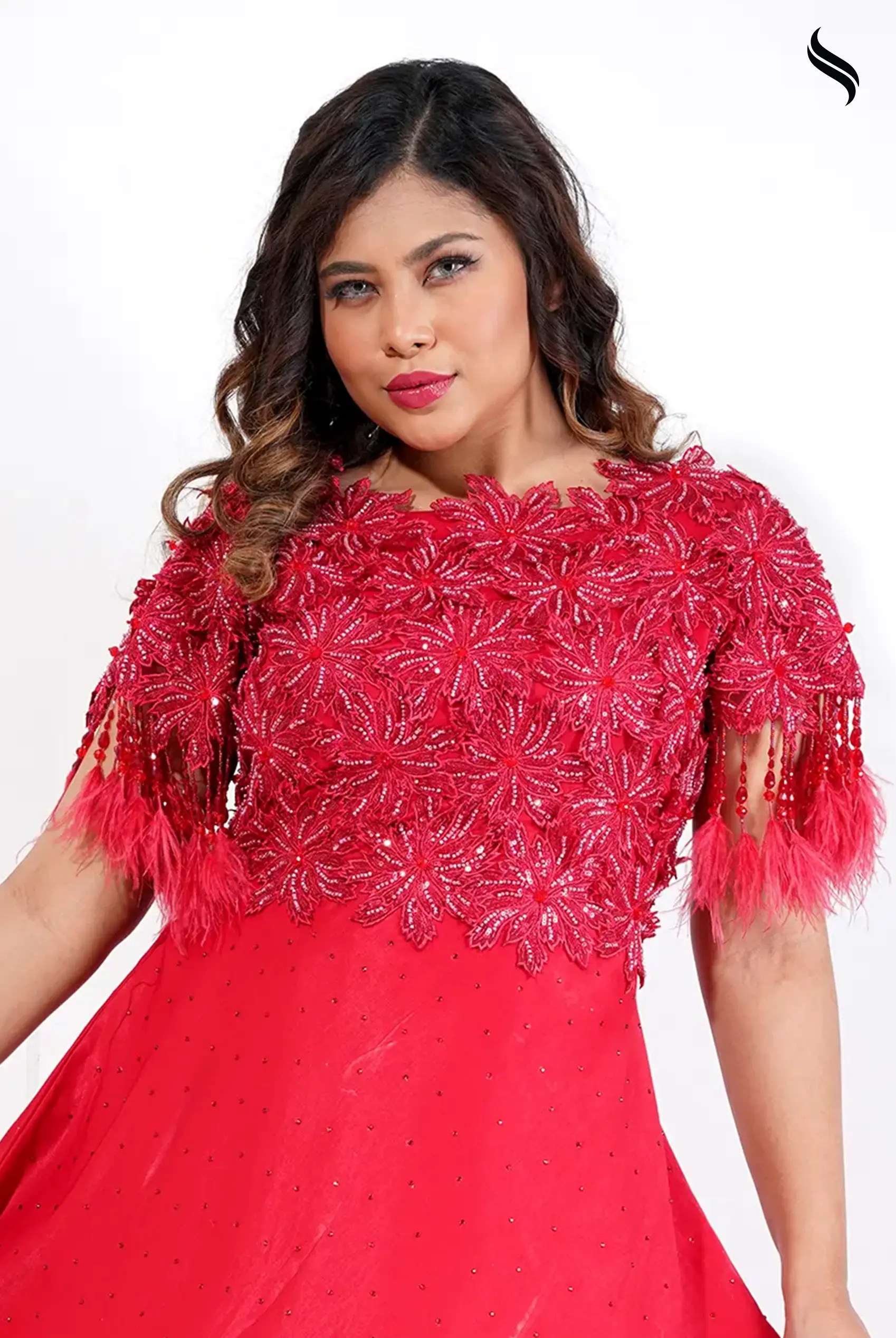 Crimson Elegance Embellished Evening Gown (Red Color) 01