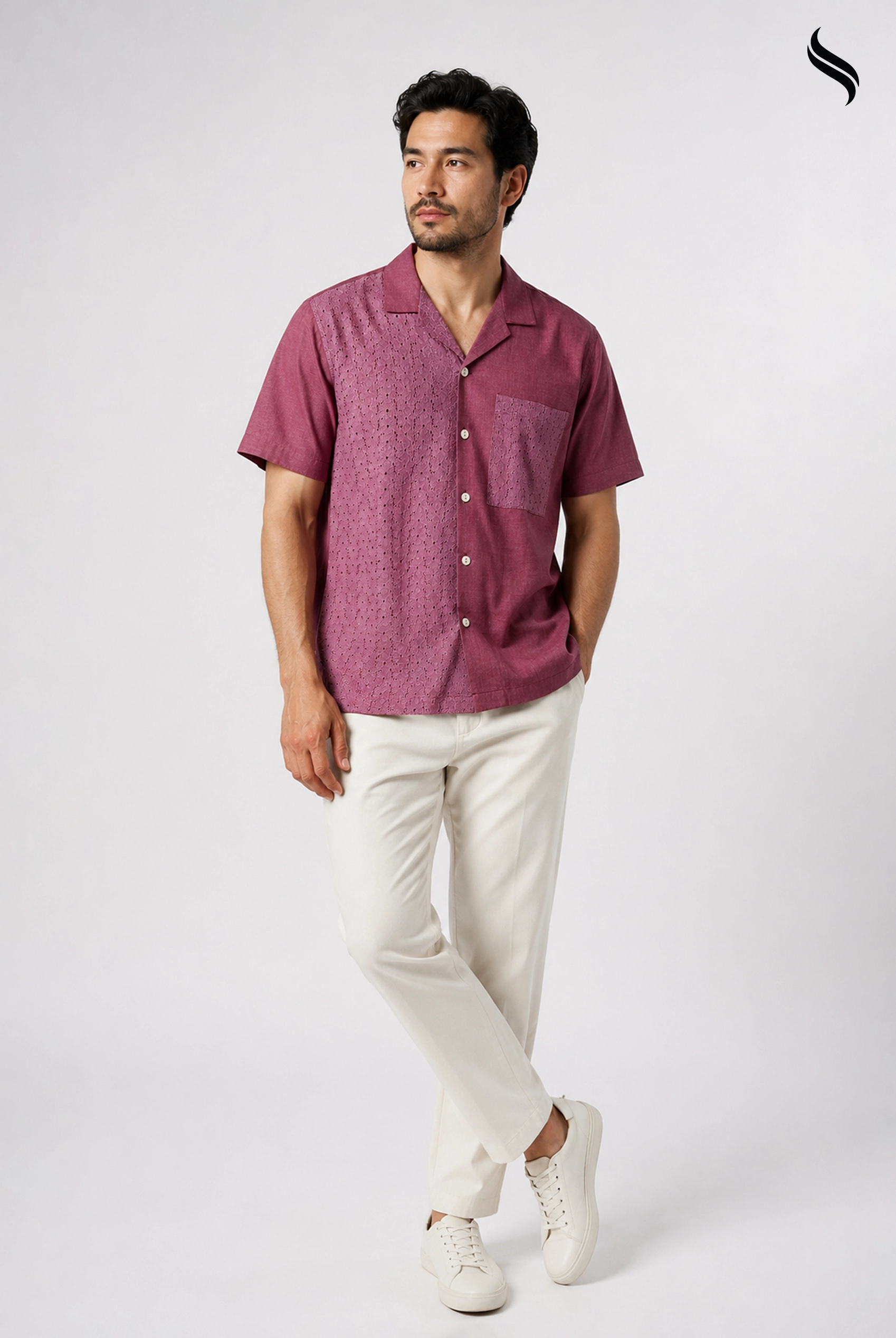 SEESHELL Men's Cuban Shirt Dual Textile Schiffli Crimson Red (Crimson red Color) 01