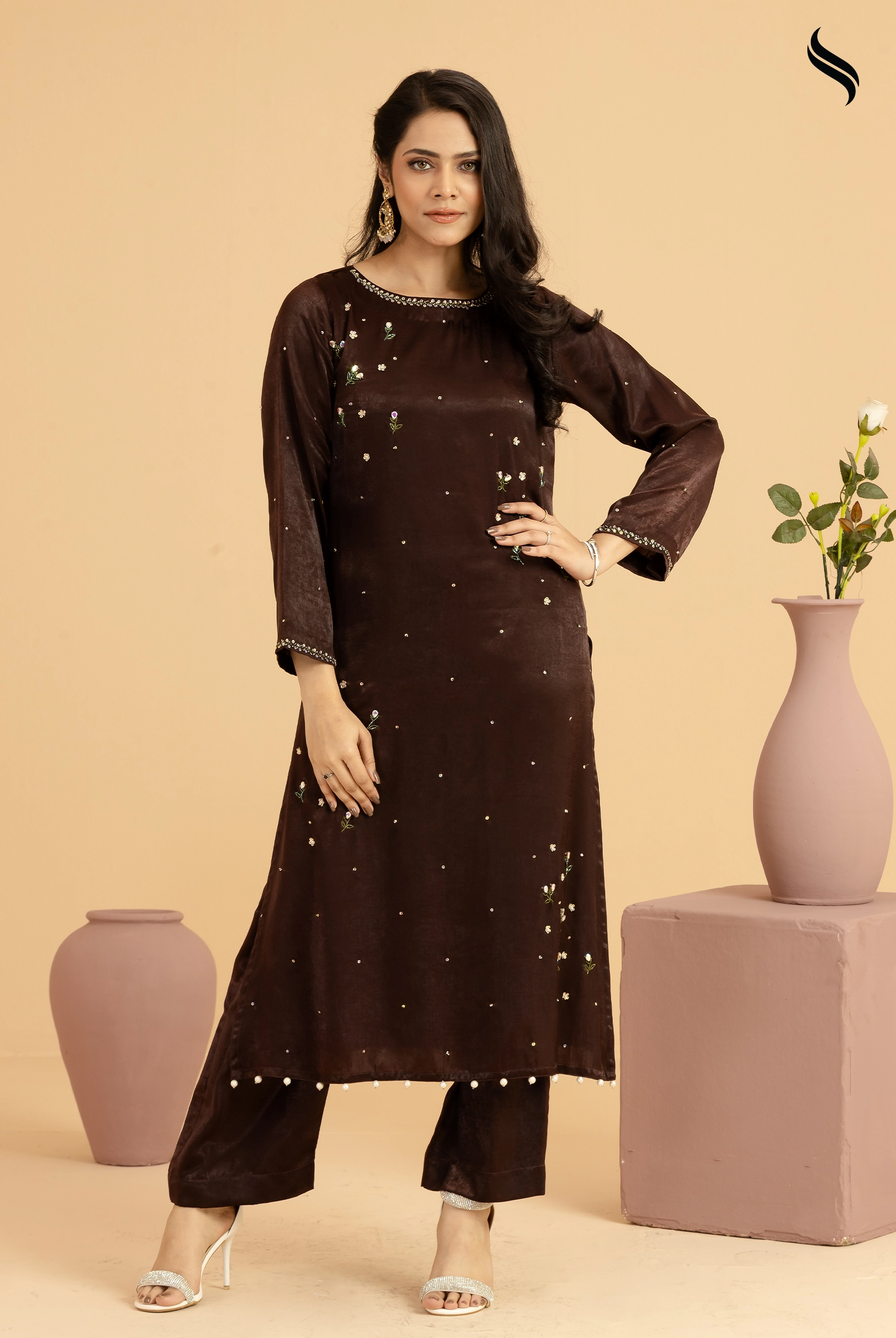 Dark Chocolate Silk Two Piece Set with Stone Work and Tambour Embroidery (Dark Chocolate Color) 01