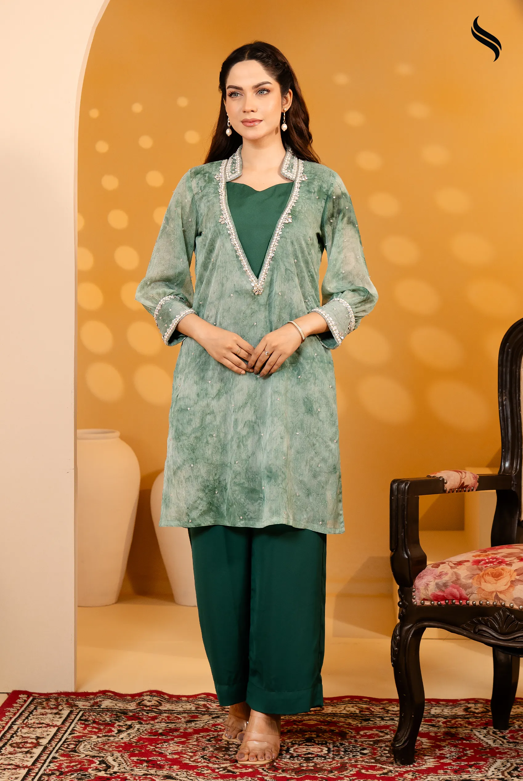 SEESHELL Women's Two Piece Georgette Long V Neck Dark Green (Dark Green Color) 01