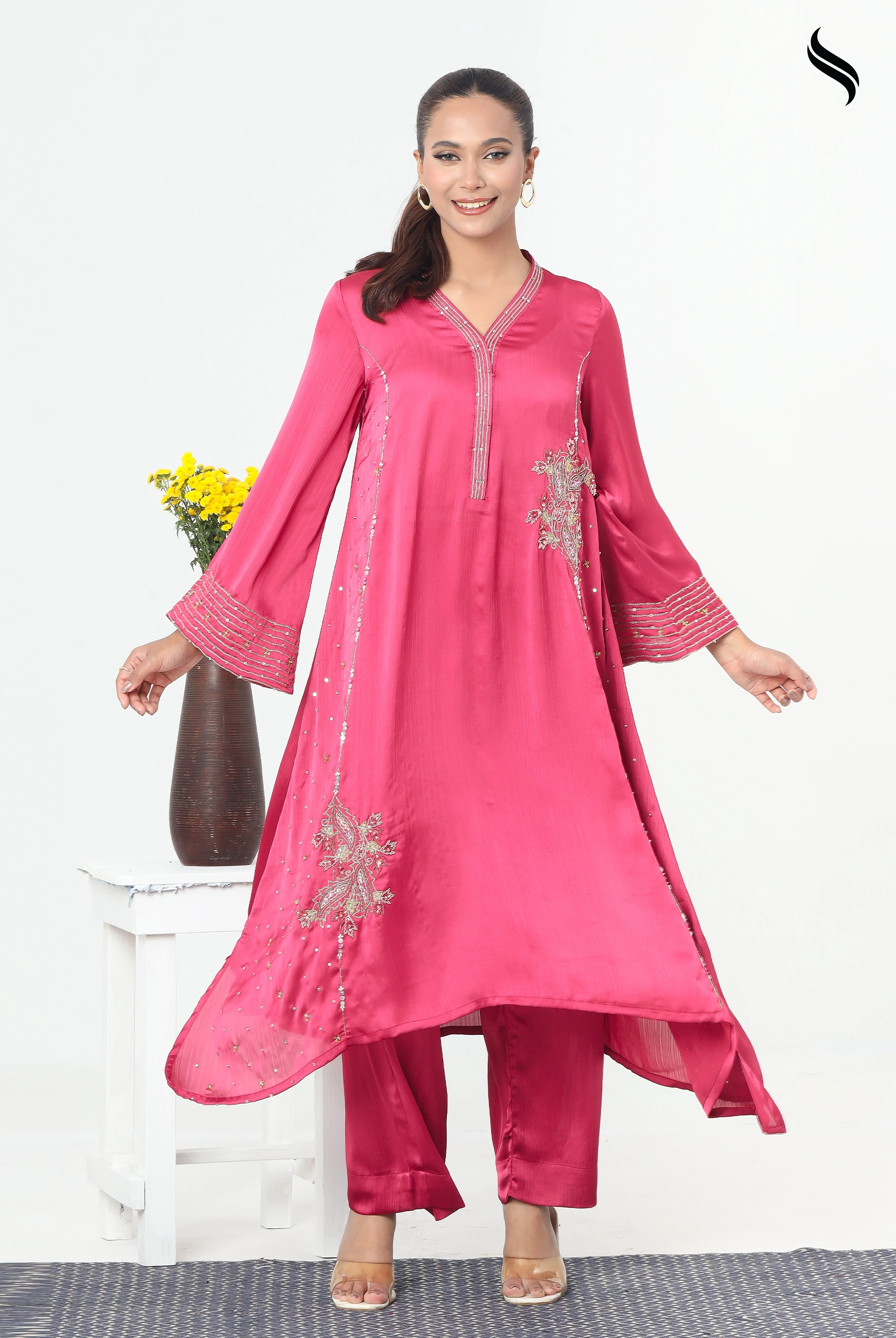 SEESHELL Women's Two Piece Silk Zardosi Beadwork Rose Pink (Deep Rose Pink Color) 01