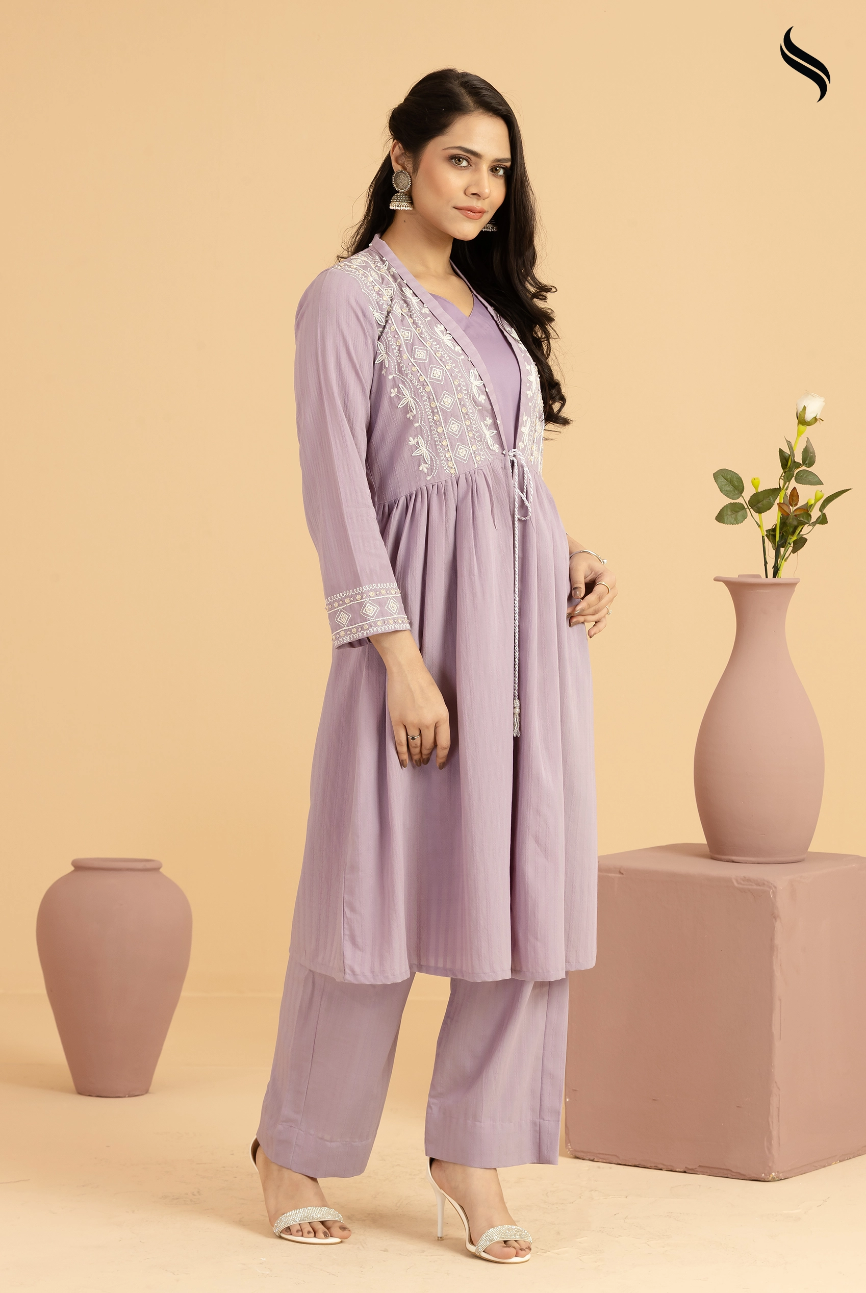SEESHELL Women's Two Piece Blended Silk Embroidery Lavender (Dusty Lavender Color) 01