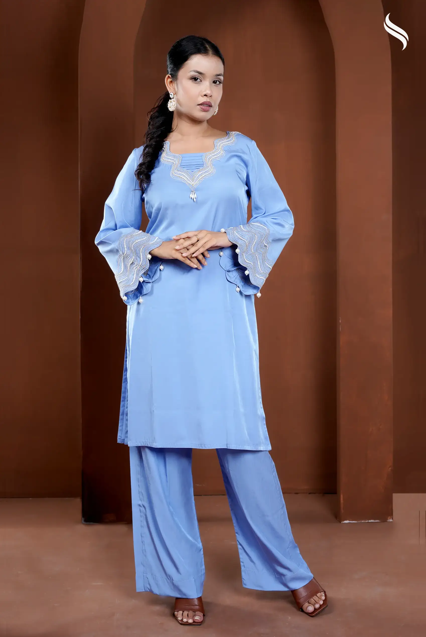Embroired wave pattern two piece set with pearl work (Powder blue Color) 01