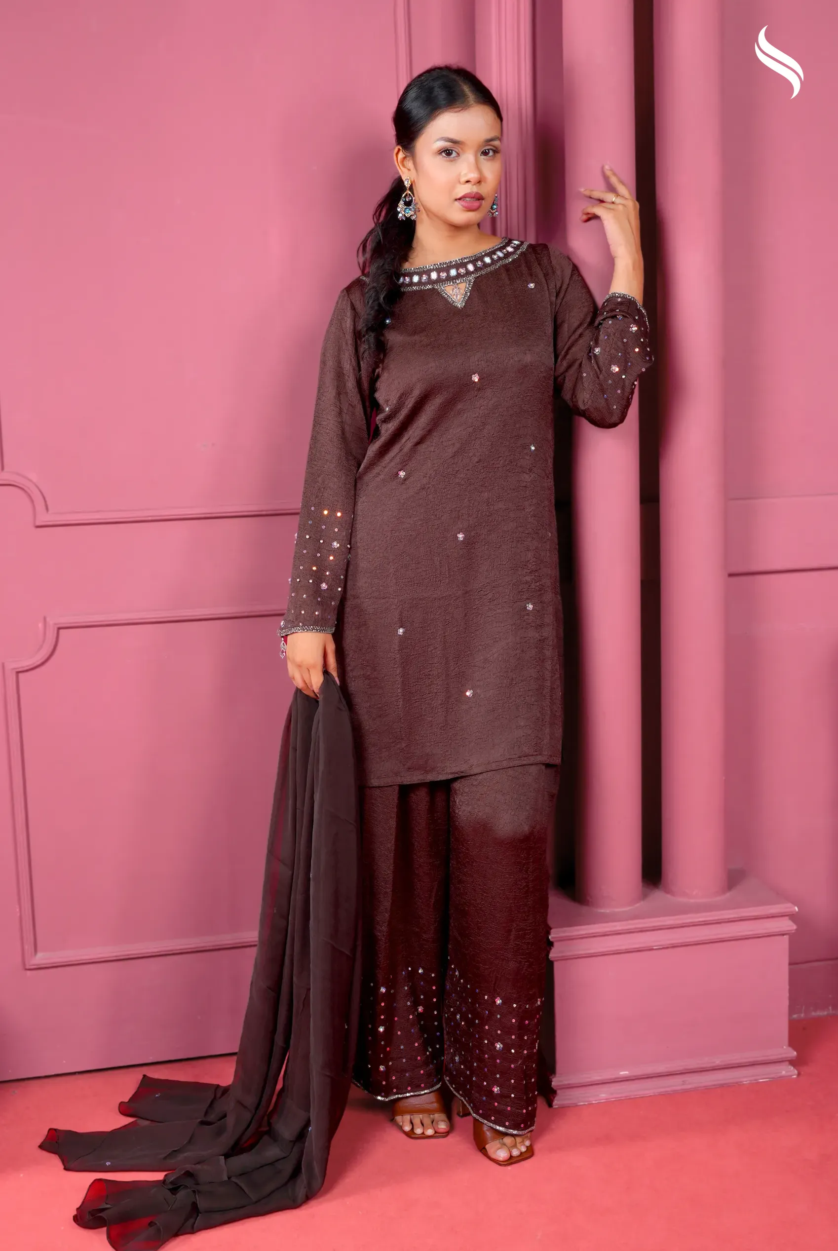 Farsi three piece set with karchupi stone and bead work (Brown Color) 01
