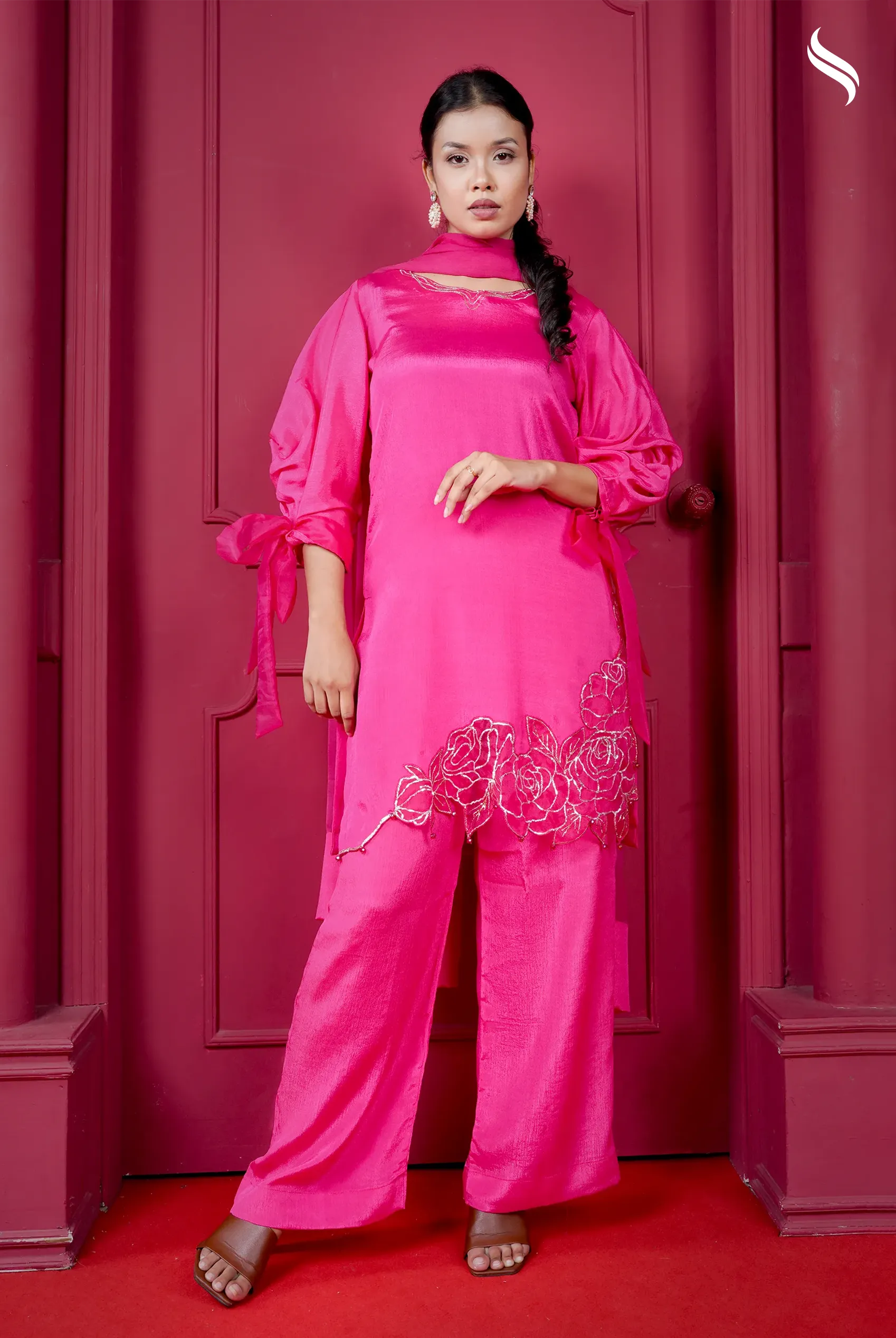 Farsi three piece set with karchupi zardosi work and rose sleeves (Chocolate Fuchsia Pink Color) 01