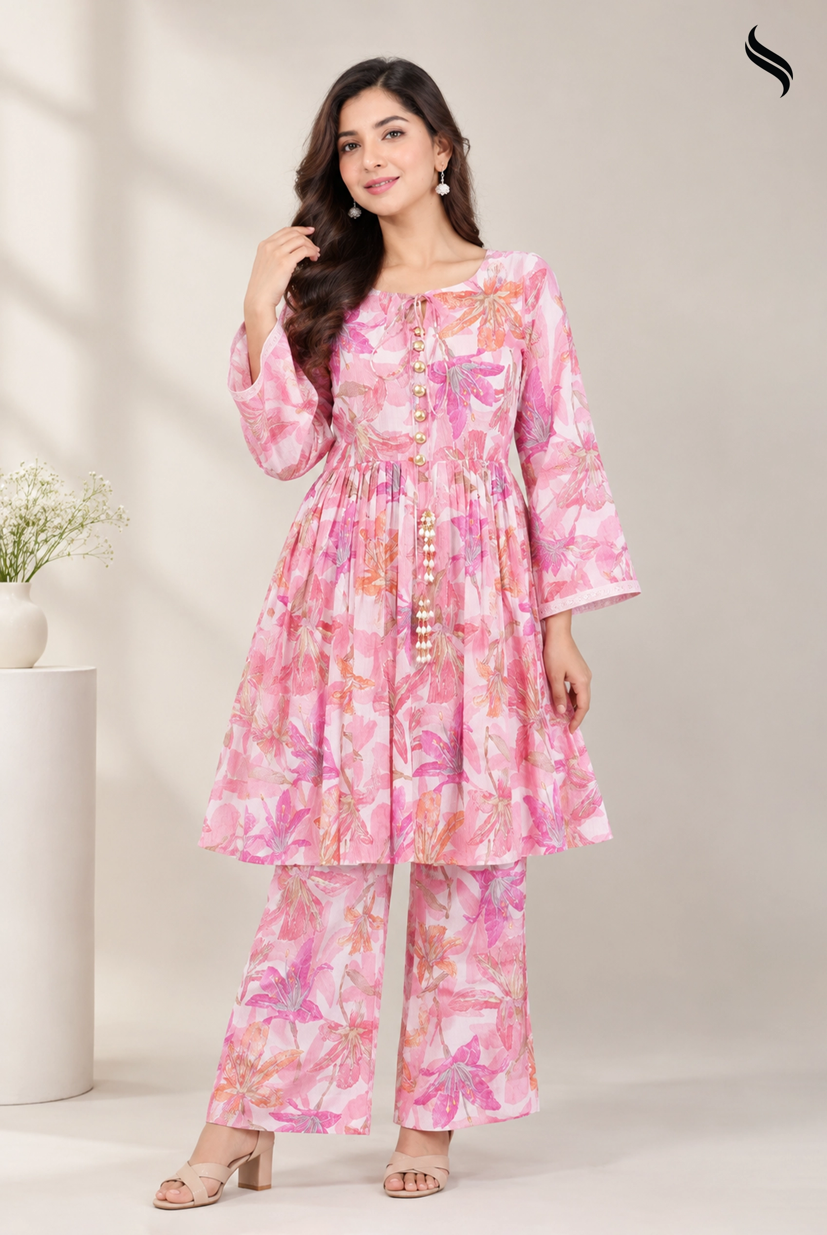 SEESHELL Women's Co Ords Set Printed Luxury Cotton (Pink print Color) 01