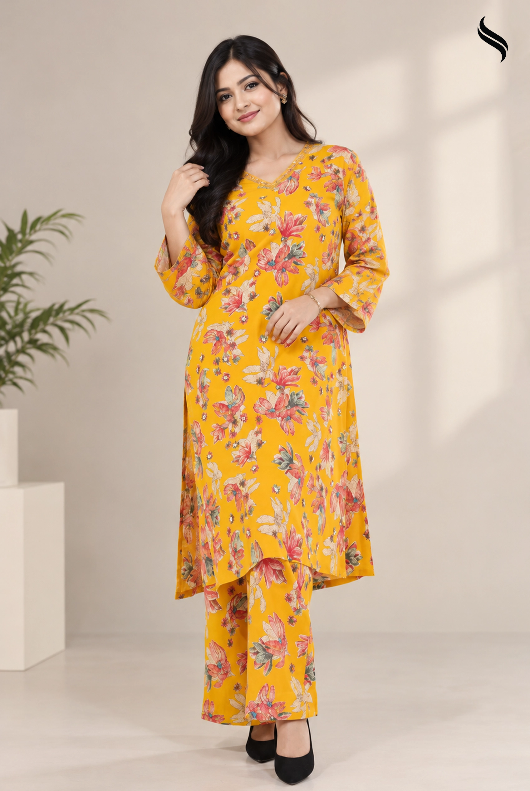 SEESHELL Women's Floral Printed 2pcs Luxury Cotton (Yellow print Color) 01