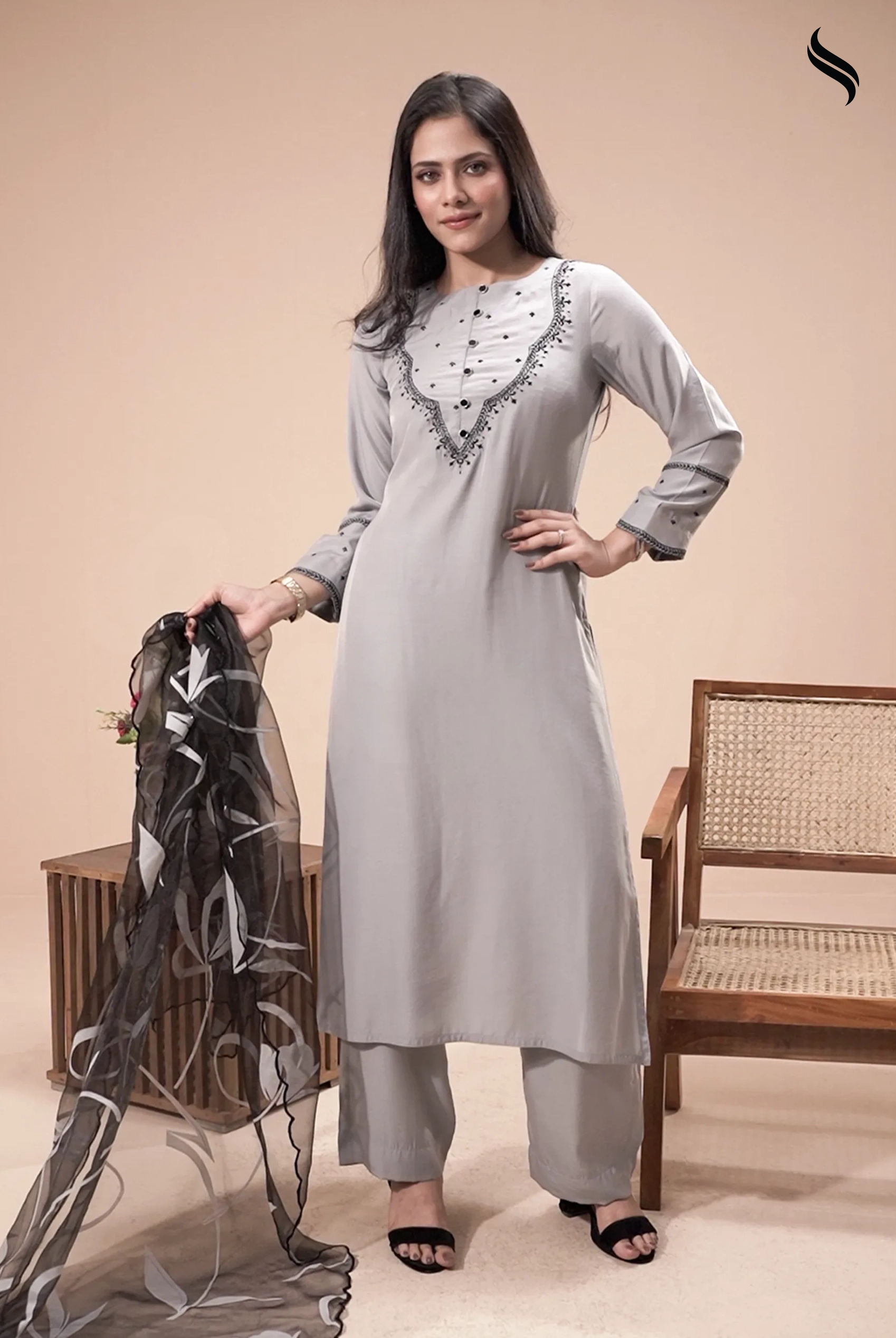 SEESHELL Women's Three Piece Embroidery Organza Grey Black (Gray and black Color) 01