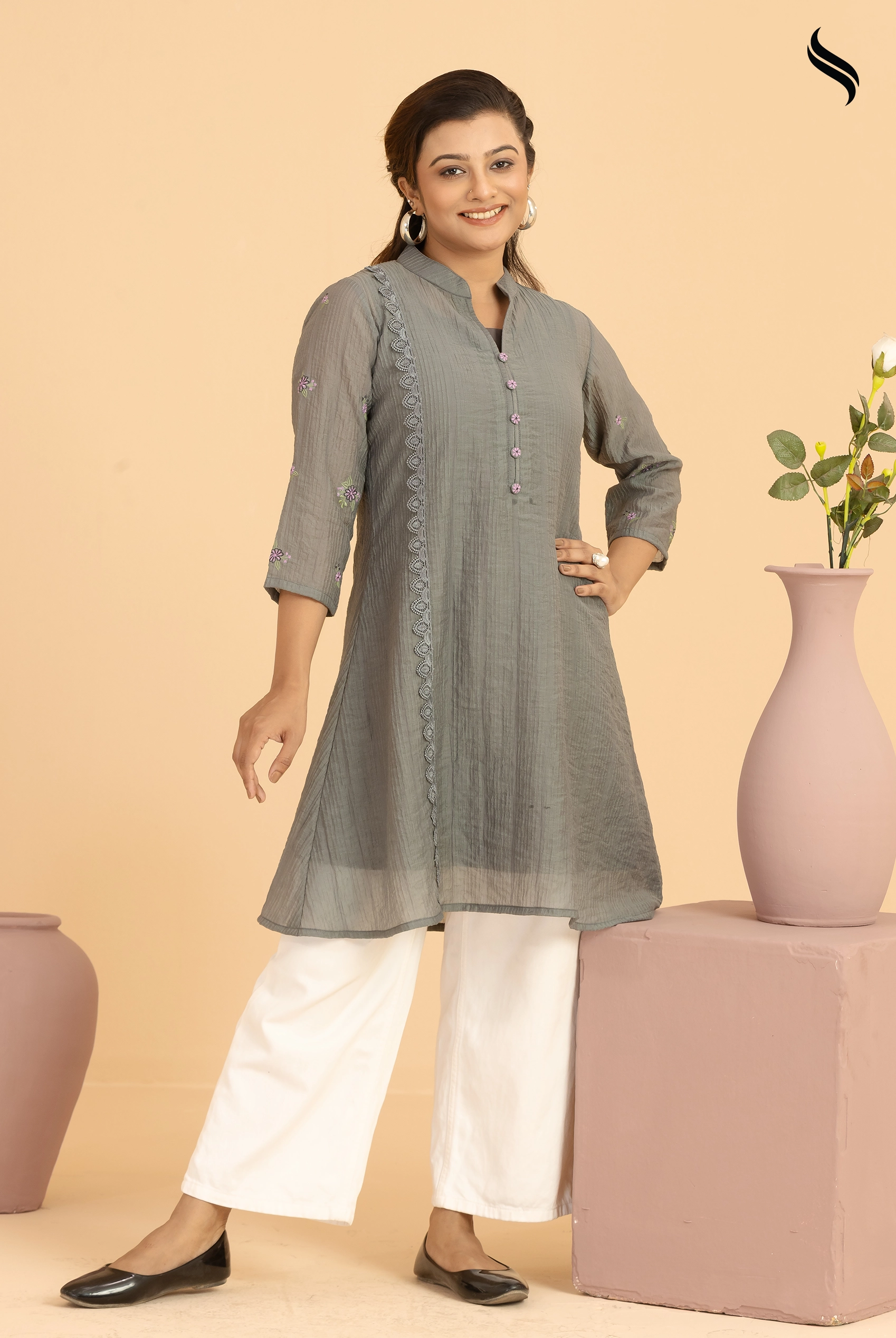 SEESHELL Women's One Piece Blended Silk Embroidery Grey (Gray Color) 01