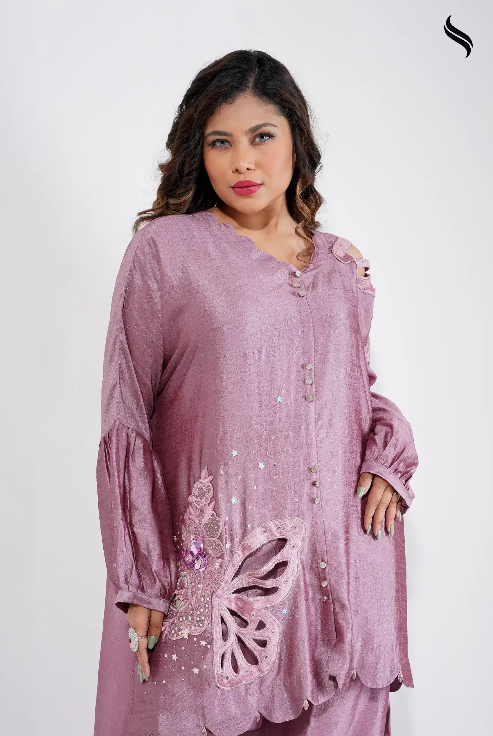 Kaftan style two piece set with butterfly cutwork (Plum Color) 01