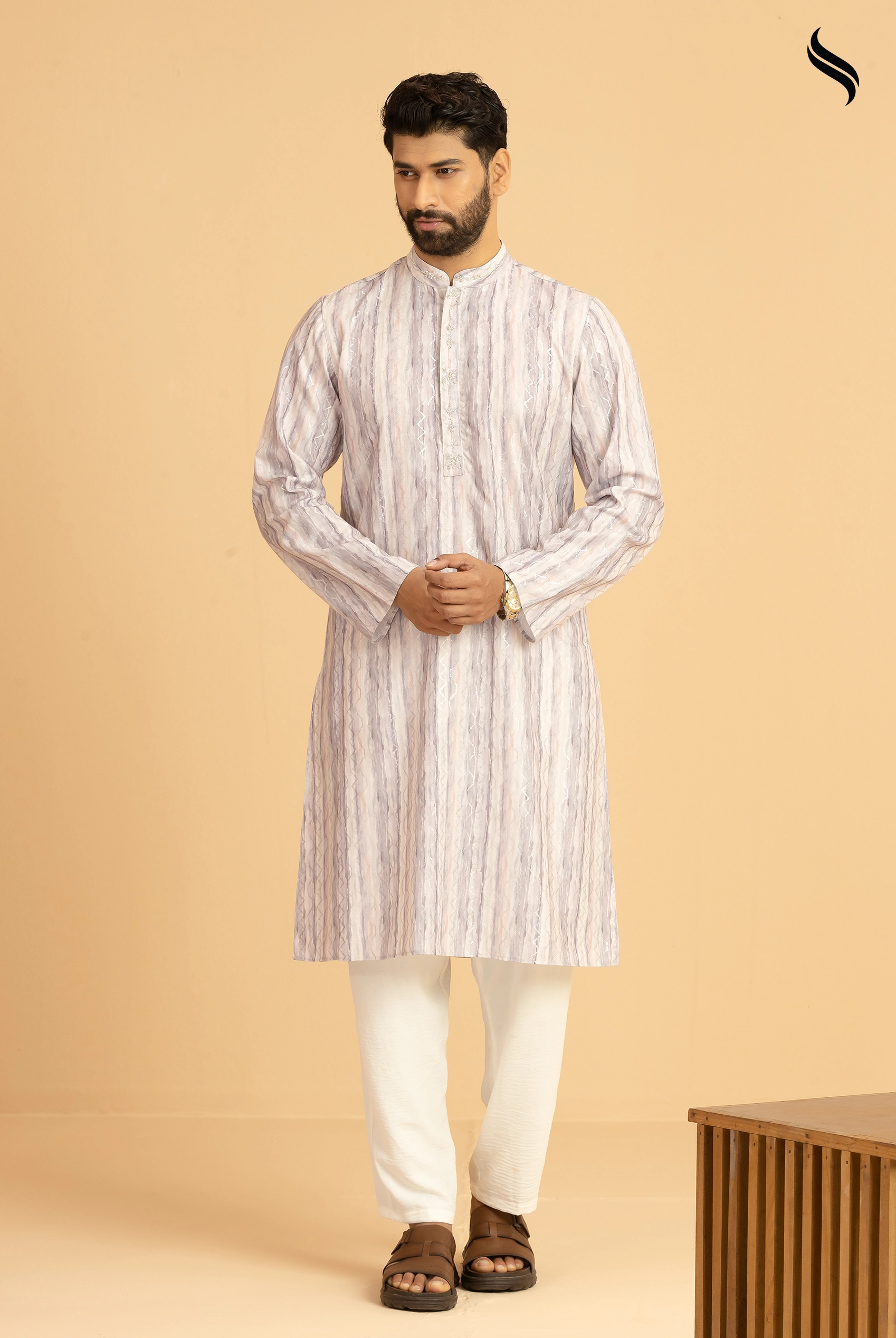 SEESHELL Men's Panjabi Blended Silk Zardosi Stripe Lavender (Lavender Color) 01