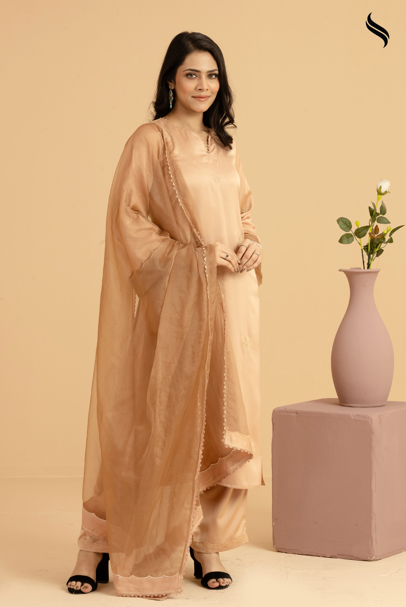 SEESHELL Women's Three Piece Silk Embroidery Light Brown (Light brown Color) 01