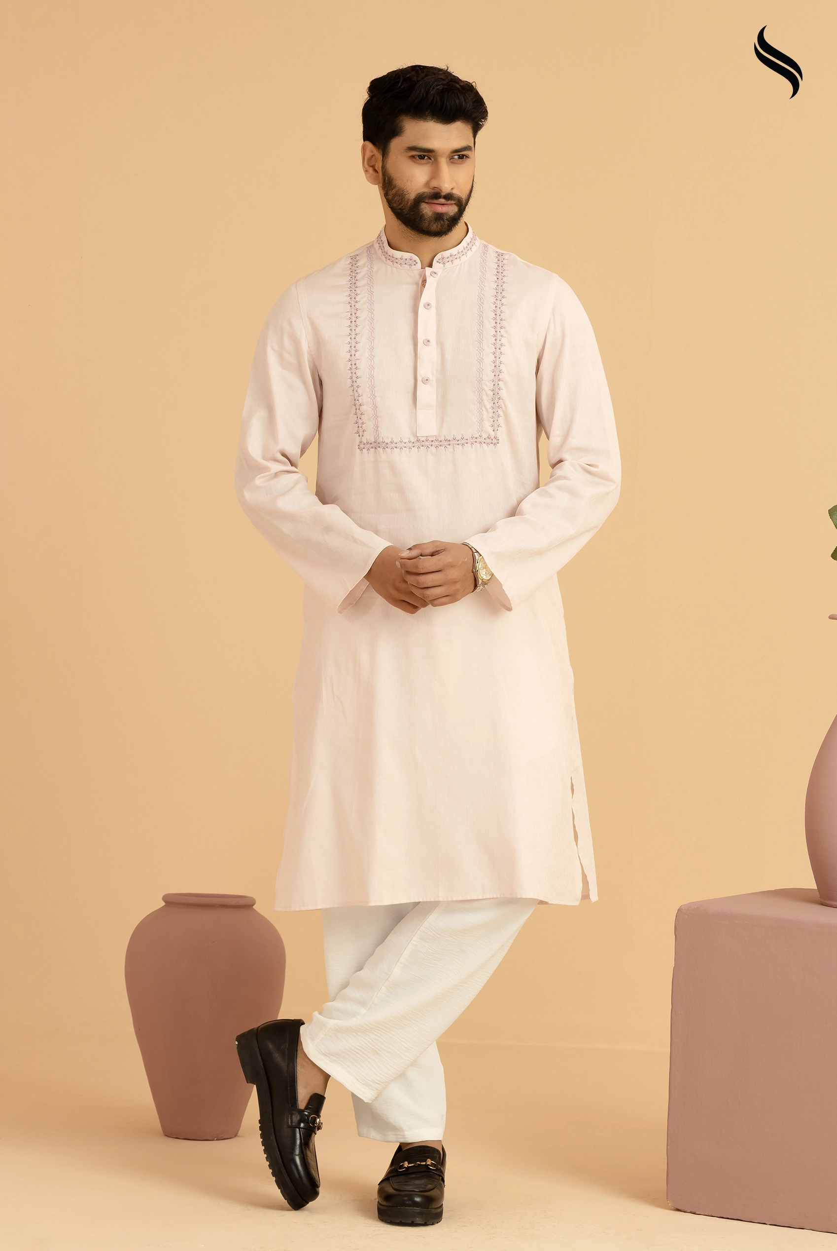 SEESHELL Men's Panjabi Cotton Tambour Embroidery Light Pink (Light Pink Color) 01