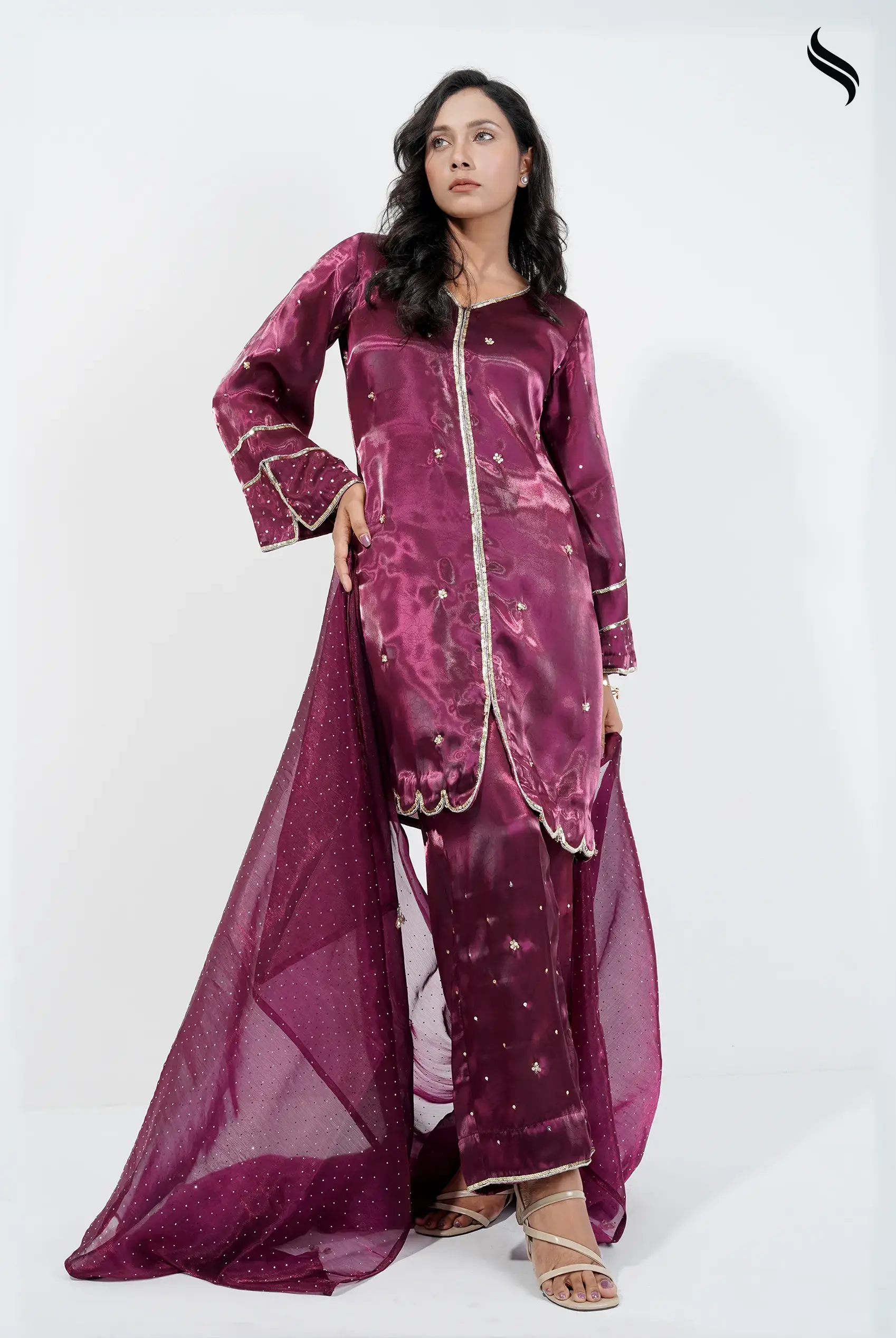 Luxury organza three piece set with all over karchupi work (Burgandy Color) 04