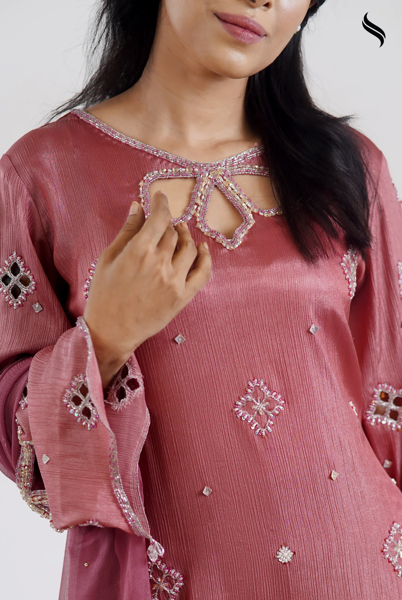 Luxury Silk Three Piece Set With Cutwork Design (Dusty rose Color) 01
