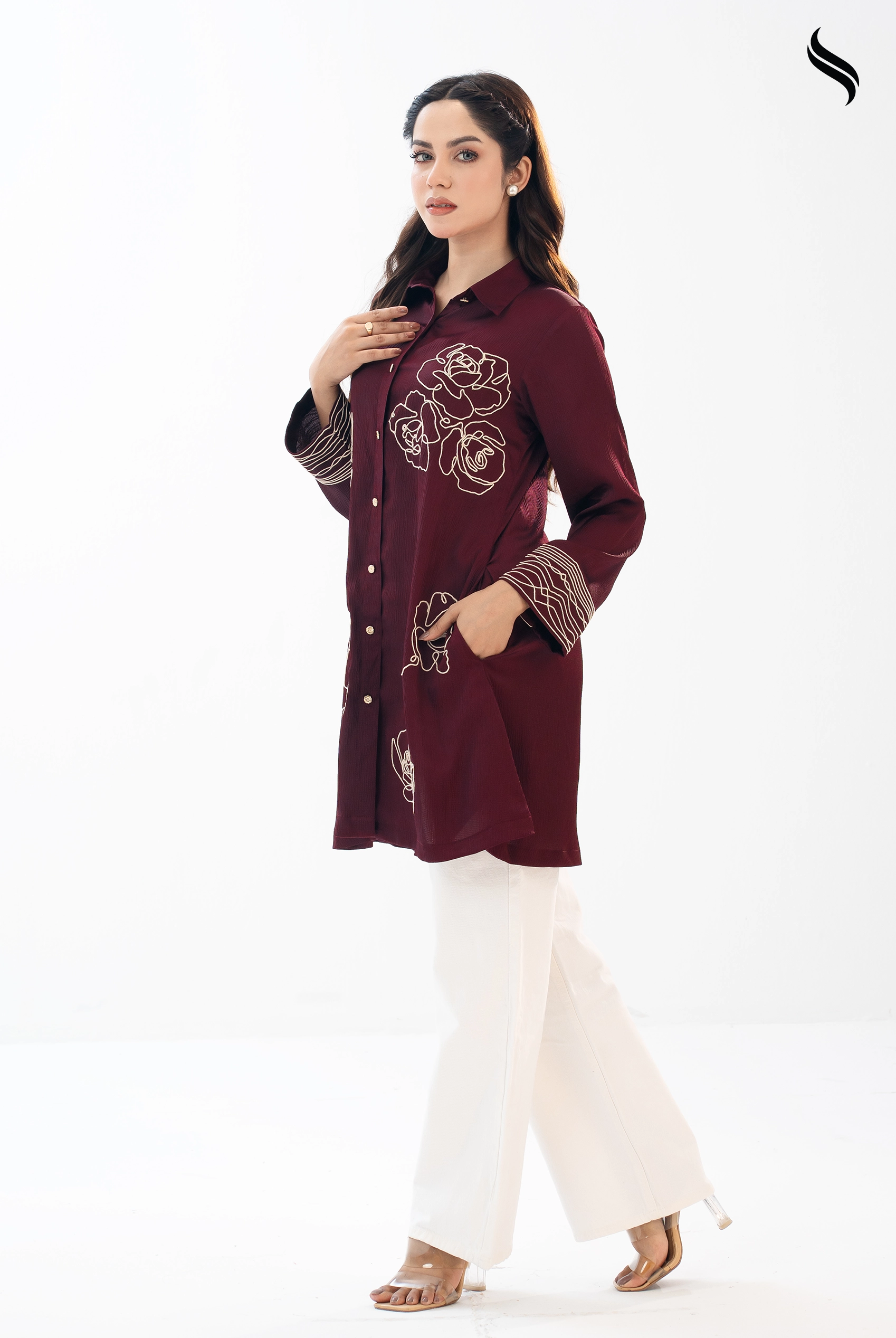 SEESHELL Women's Top Crinkle Silk Embroidery Dark Maroon (Dark Maroon Color) 01