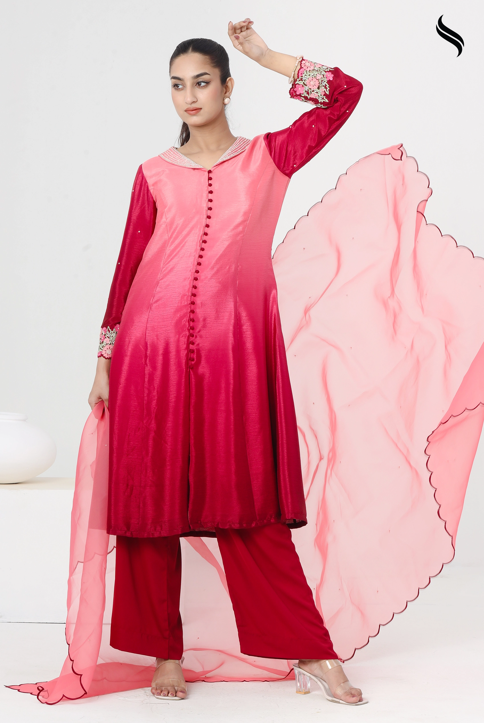 SEESHELL Women's Three Piece Silk Muslin Dupatta Maroon Ombre (Maroon Color) 01