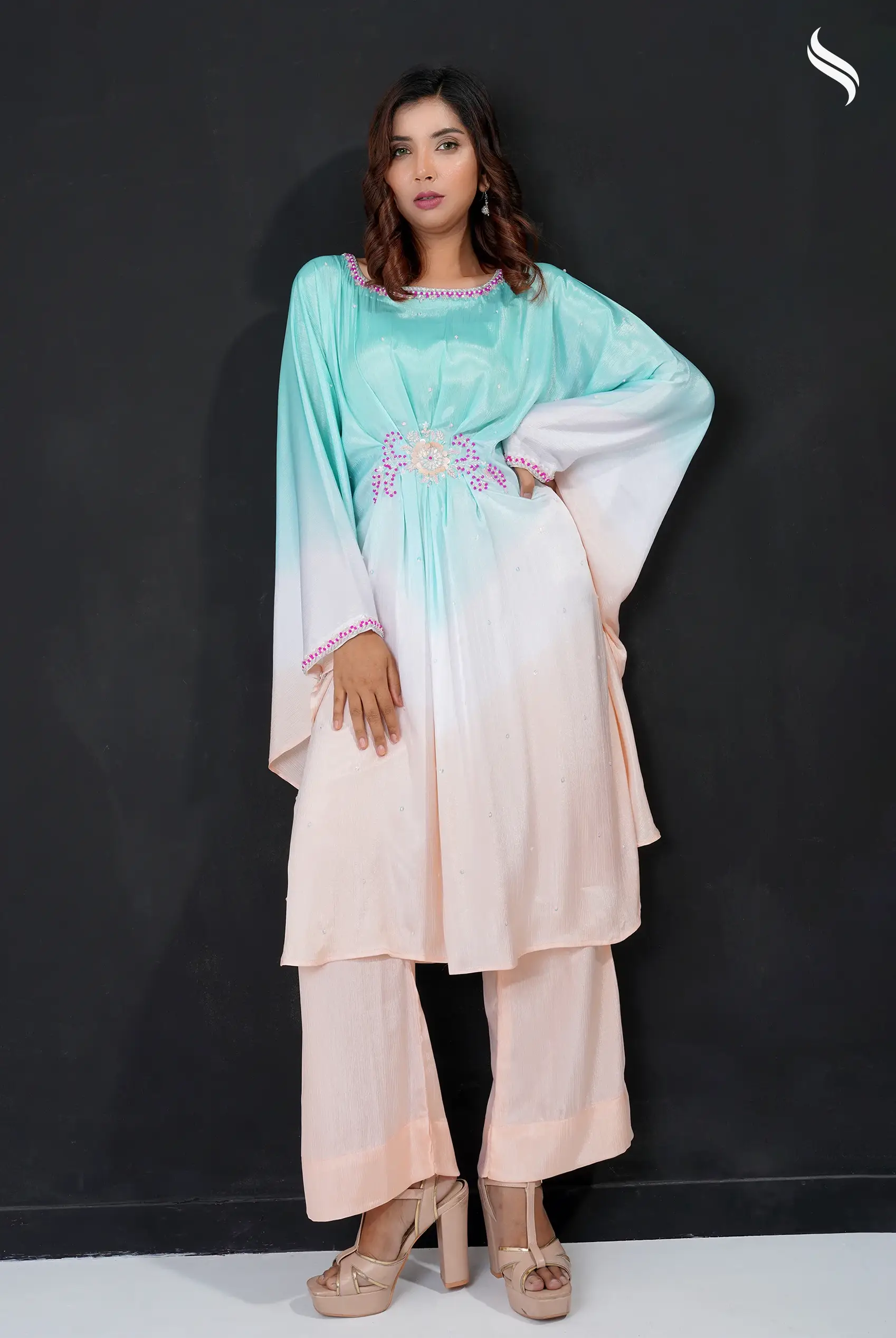 Mint and peach ombre kaftan two piece set with with zardousi work (Mint-peach ombre Color) 04