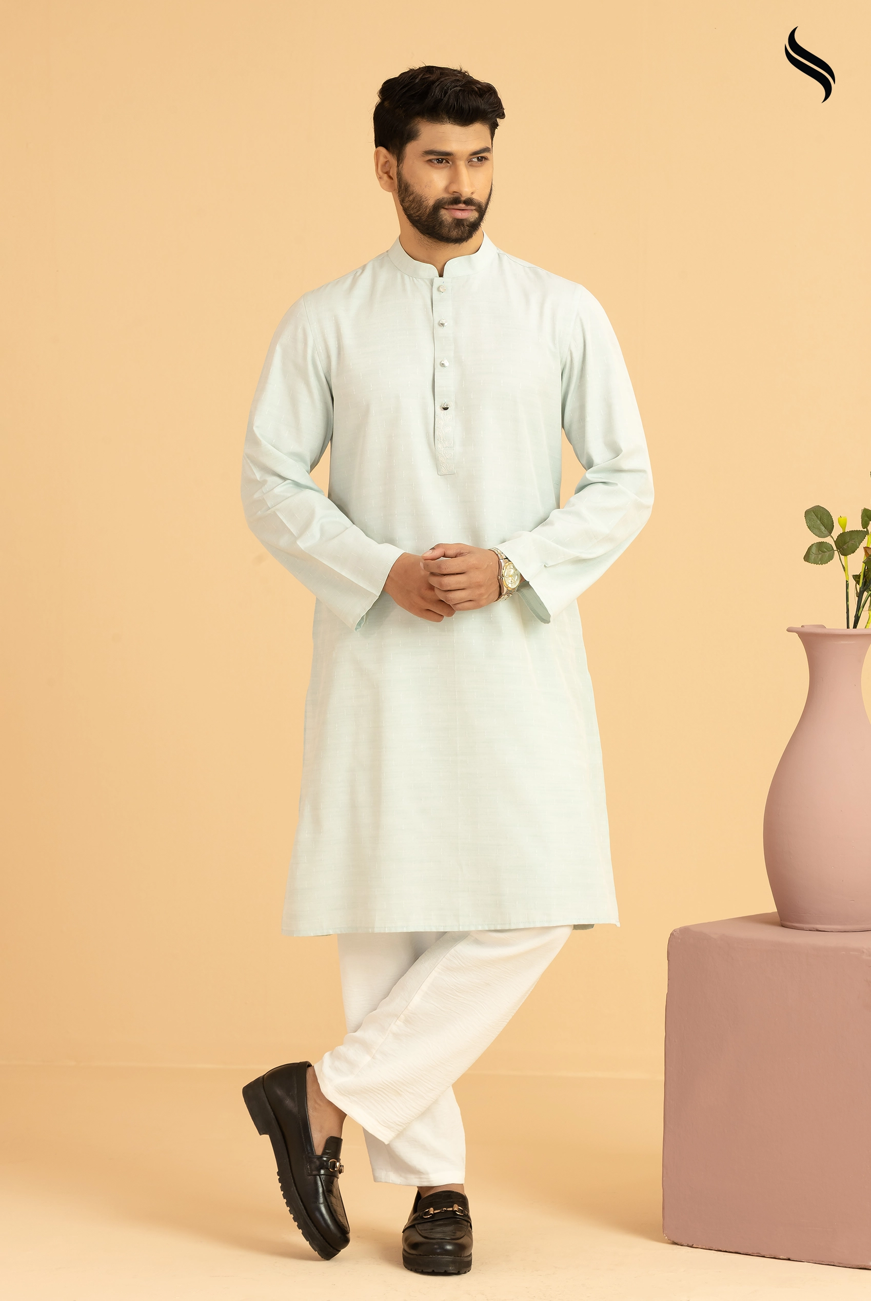 SEESHELL Men's Panjabi Premium Cotton Embossed Mint (Mint Color) 01