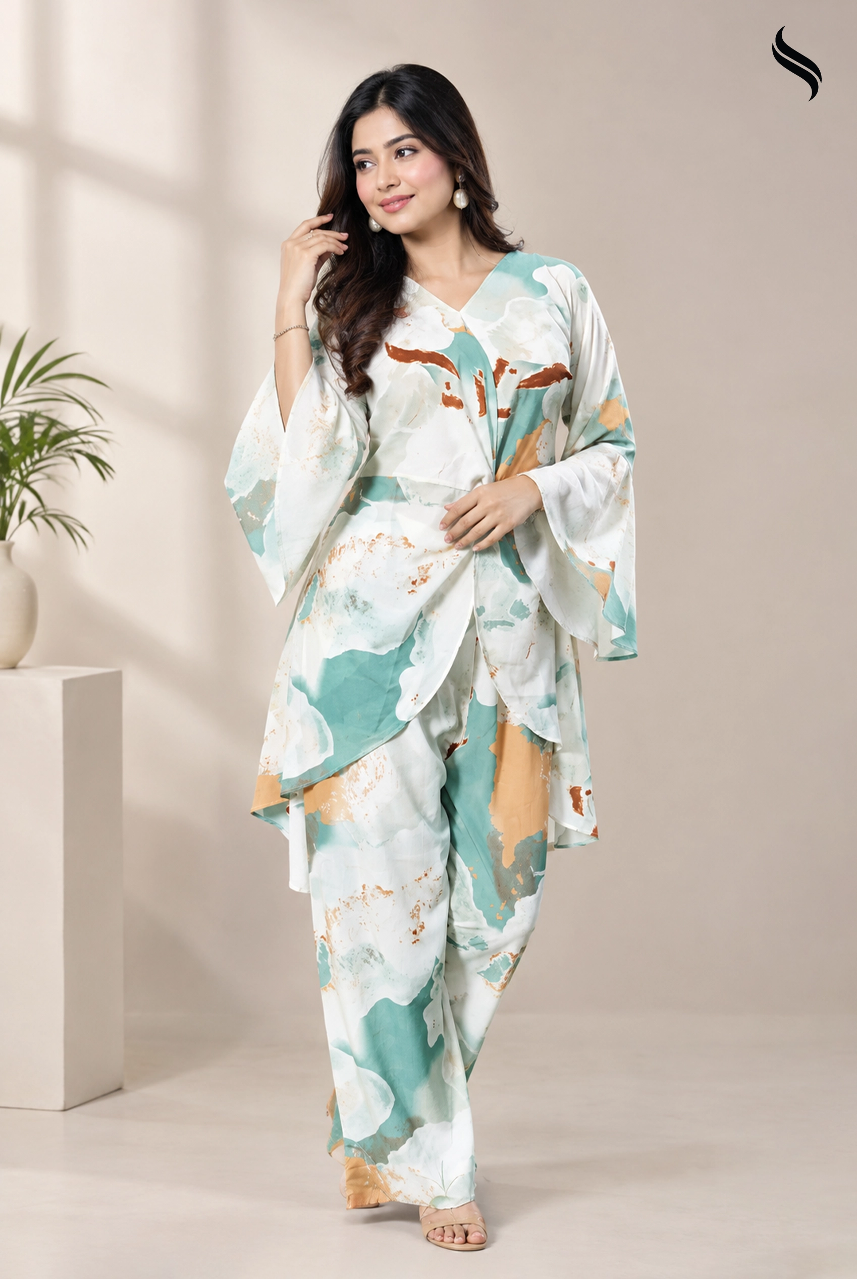 SEESHELL Women's 2pcs Set Printed Royal Silk (Off white- mint print Color) 01