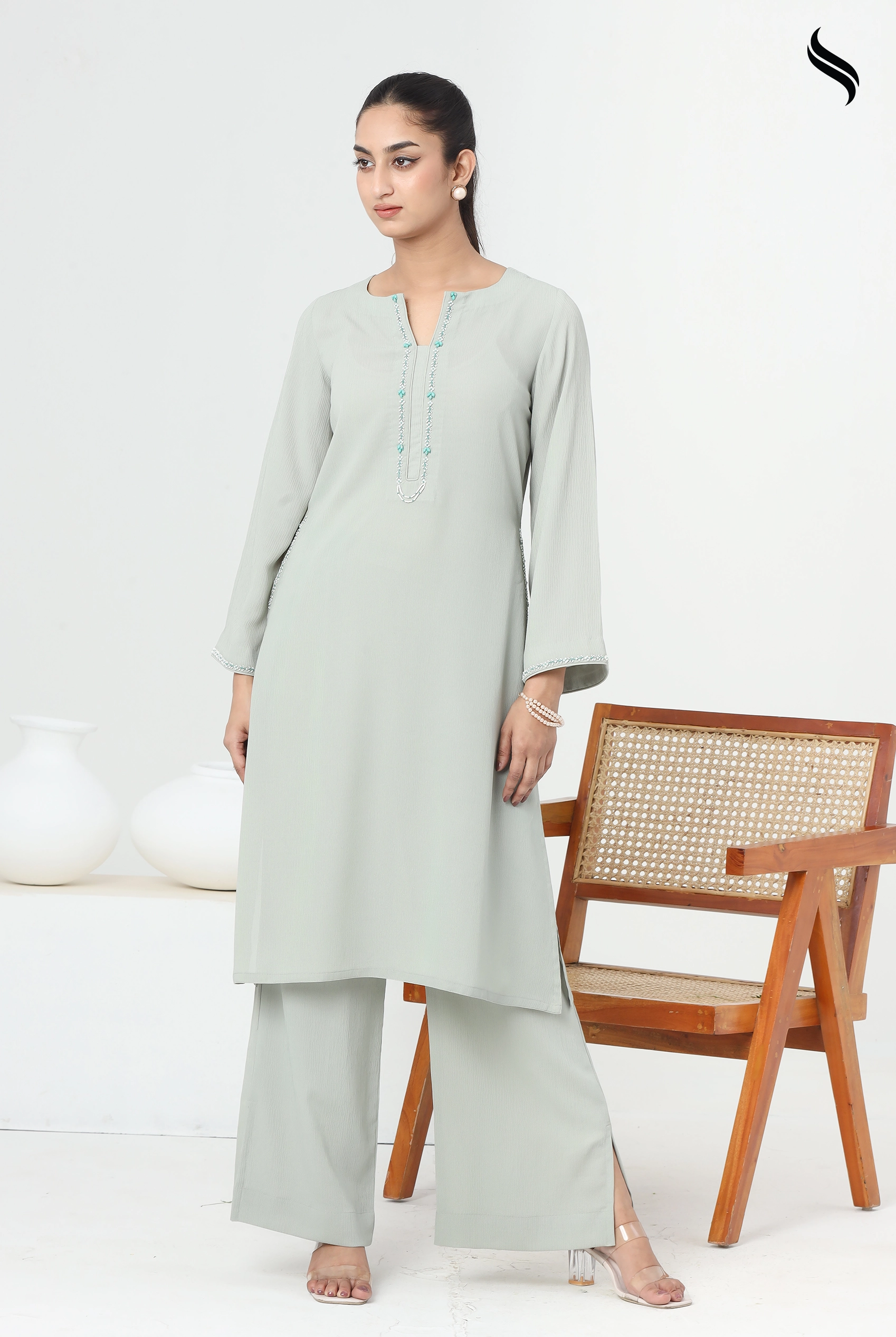 SEESHELL Women's Two Piece Blended Cotton Embroidery Mint (Mint Color) 01