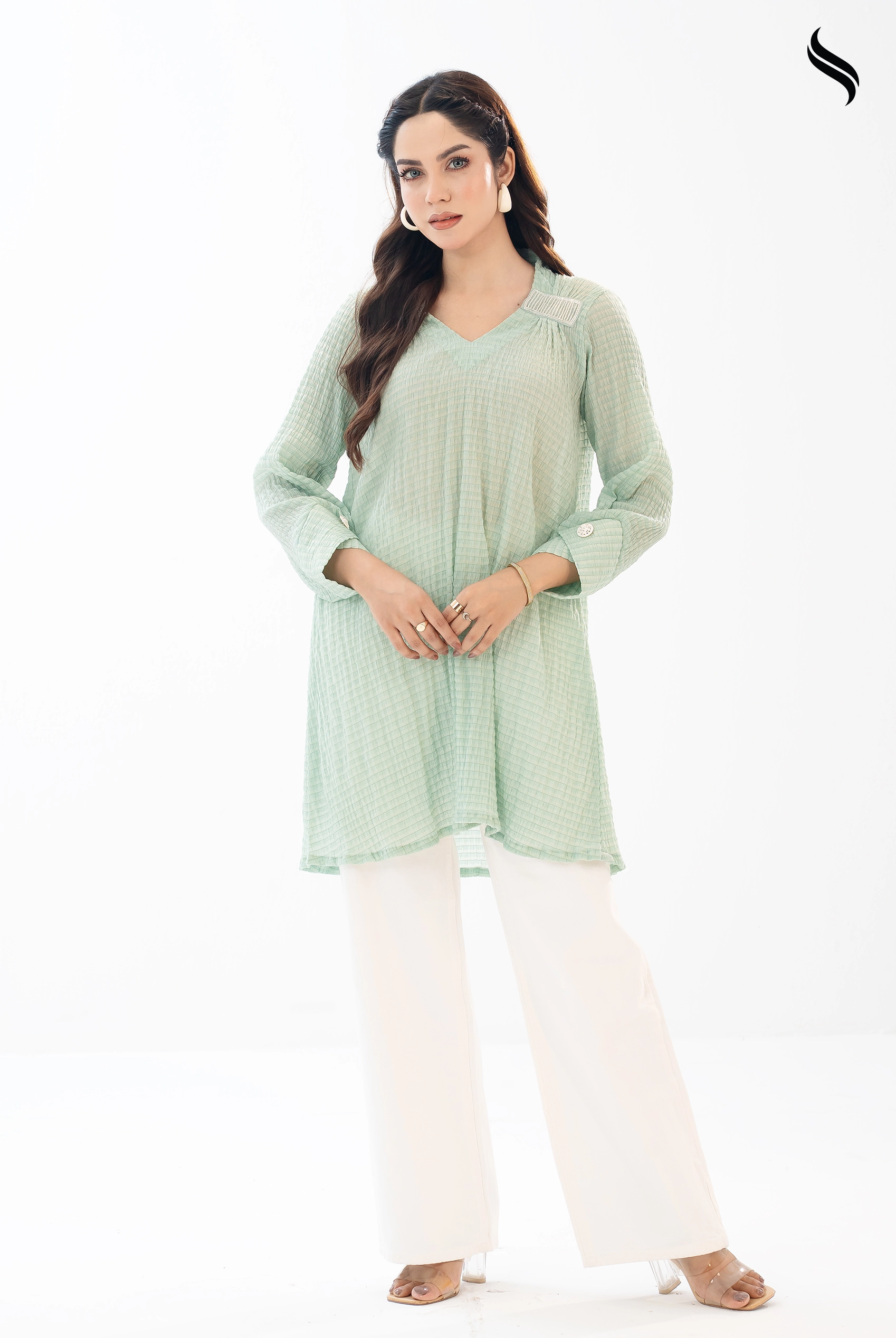 SEESHELL Women's Top Scrunched Silk Bead Detail Mint White (Mint Color) 01