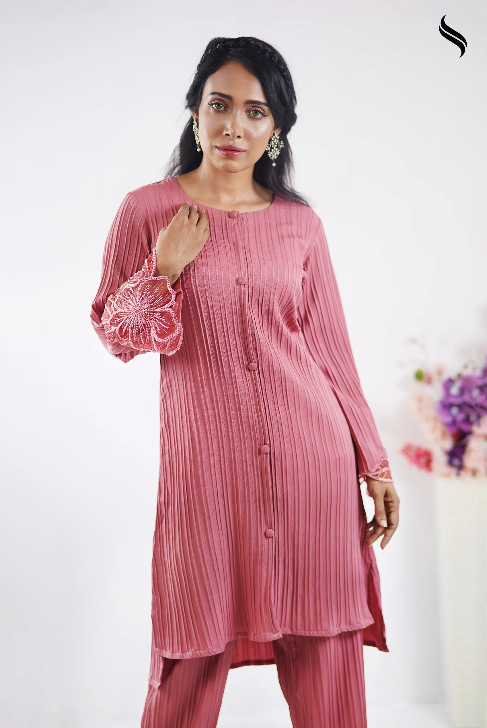 Monochrome co-ord sets with floral lace applique (Dusty rose Color) 01