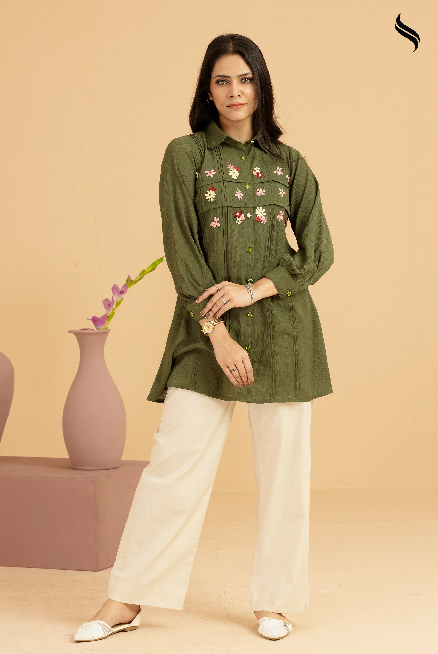 SEESHELL Women's Top Blended Silk Lace Applique Moss Green (Moss Green Color) 01
