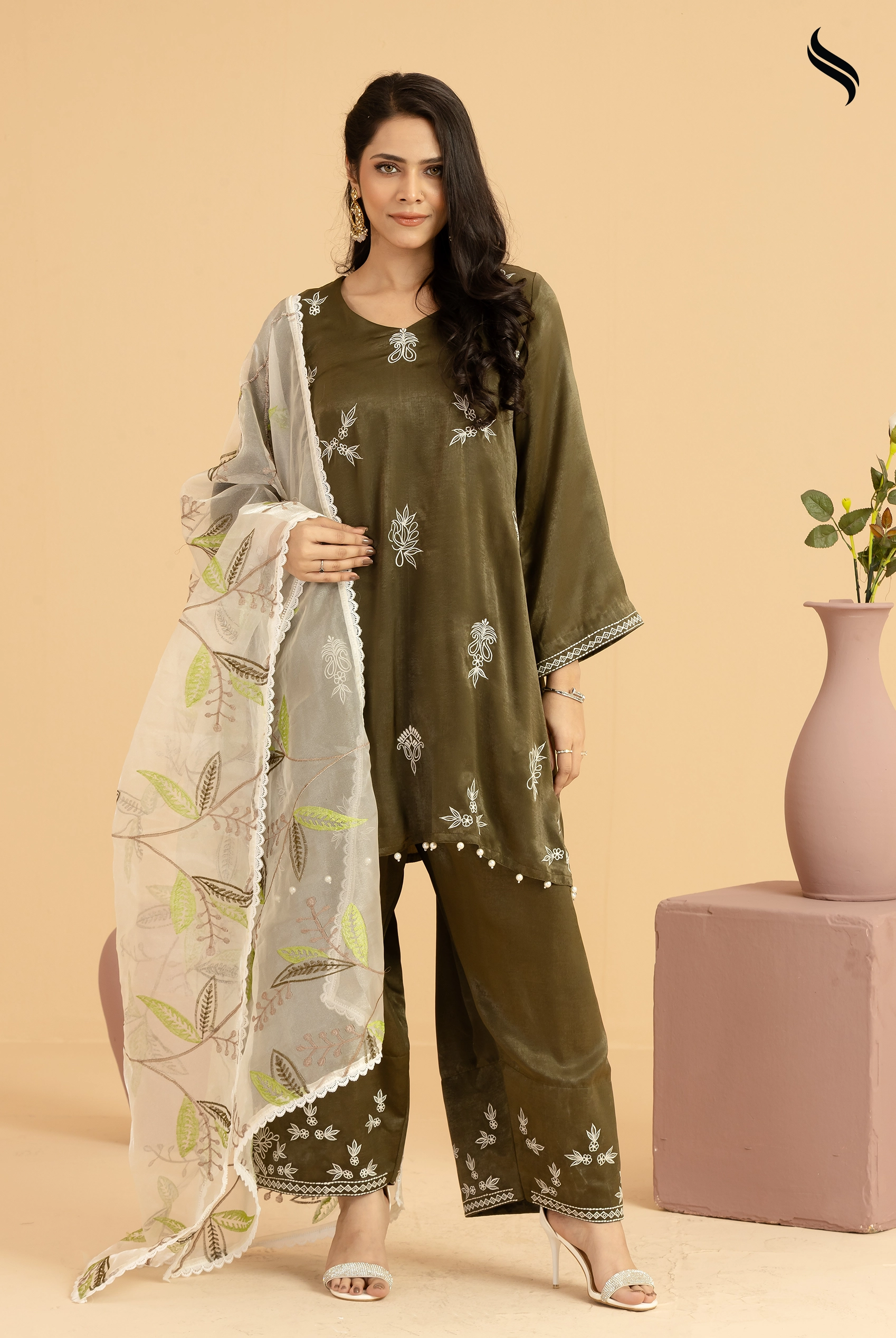SEESHELL Women's Three Piece Blended Silk Embroidery Moss Green (Moss Green Color) 01