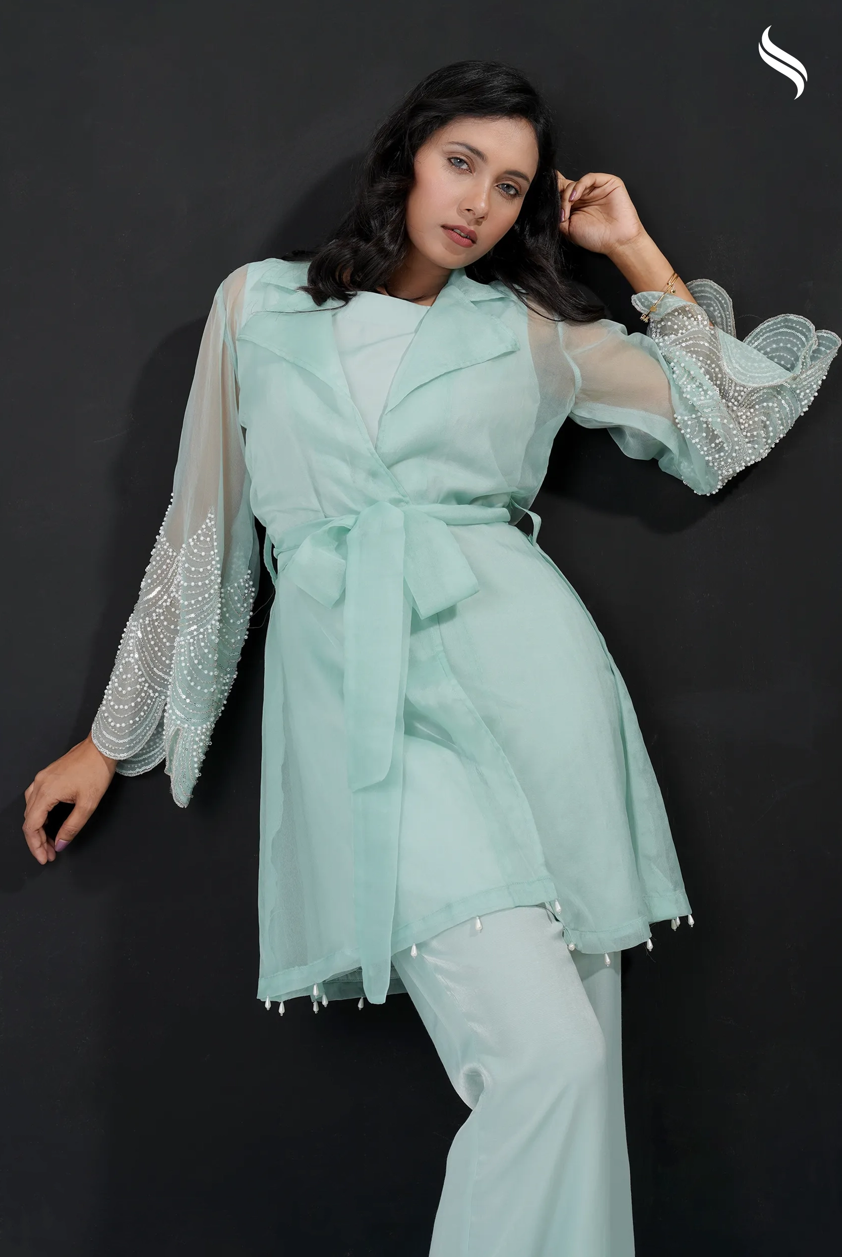 Muslin & swiss velvet  Color- Ash blue & Mint  Embellishment- Pearl applique & pearl fringes (Mint Color) 01