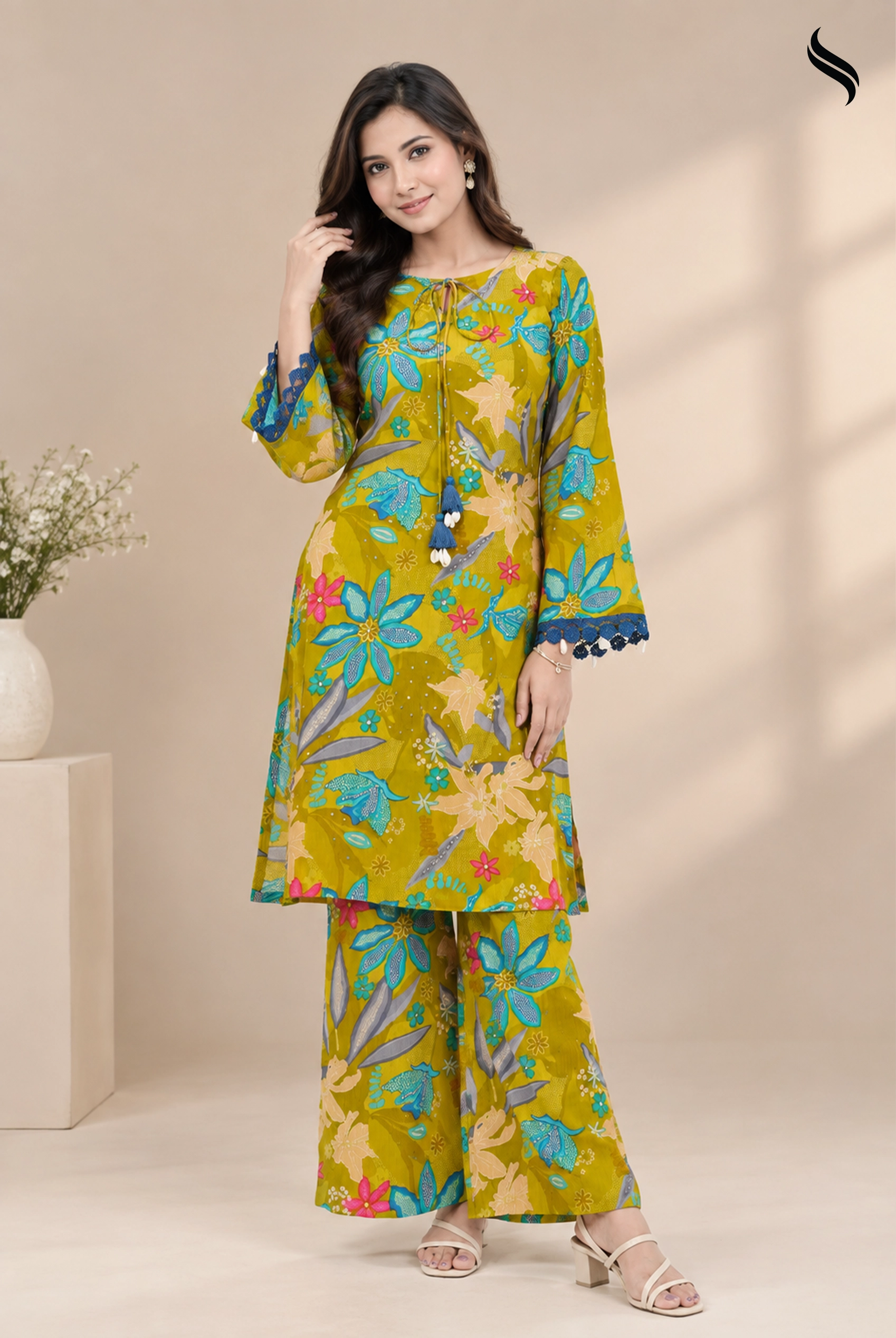 SEESHELL Women's Printed 2pcs Set Luxury Cotton (Lime Green Color) 01