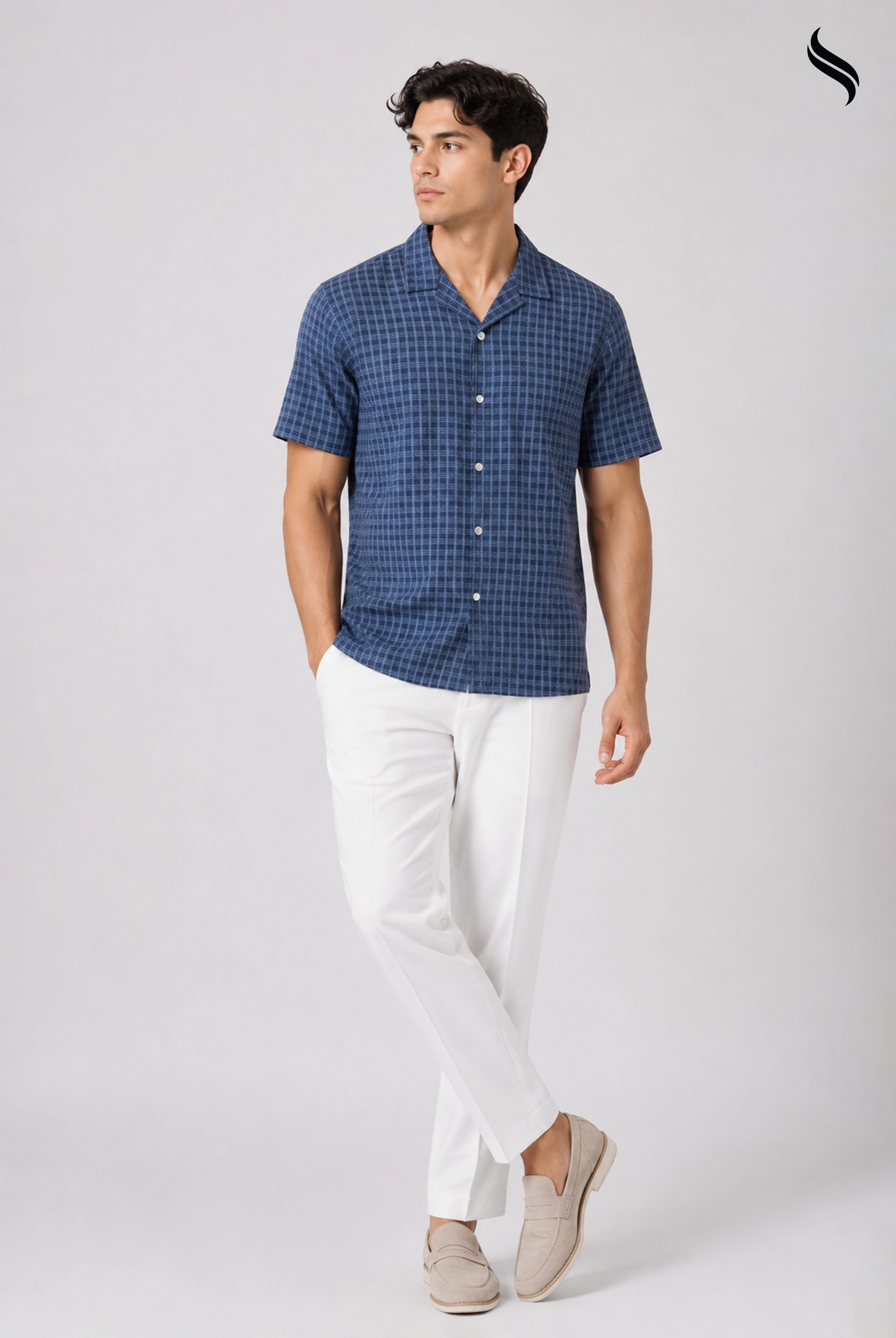 SEESHELL Men's Cuban Collar Shirt Remi Cotton Check Navy (Navy Color) 01