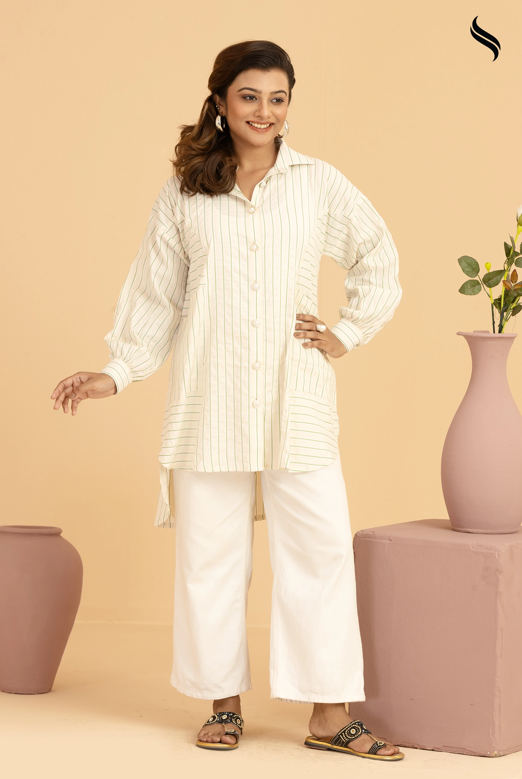SEESHELL Women's Patterned Shirt Viscose Pearl Off White (Off white Color) 01