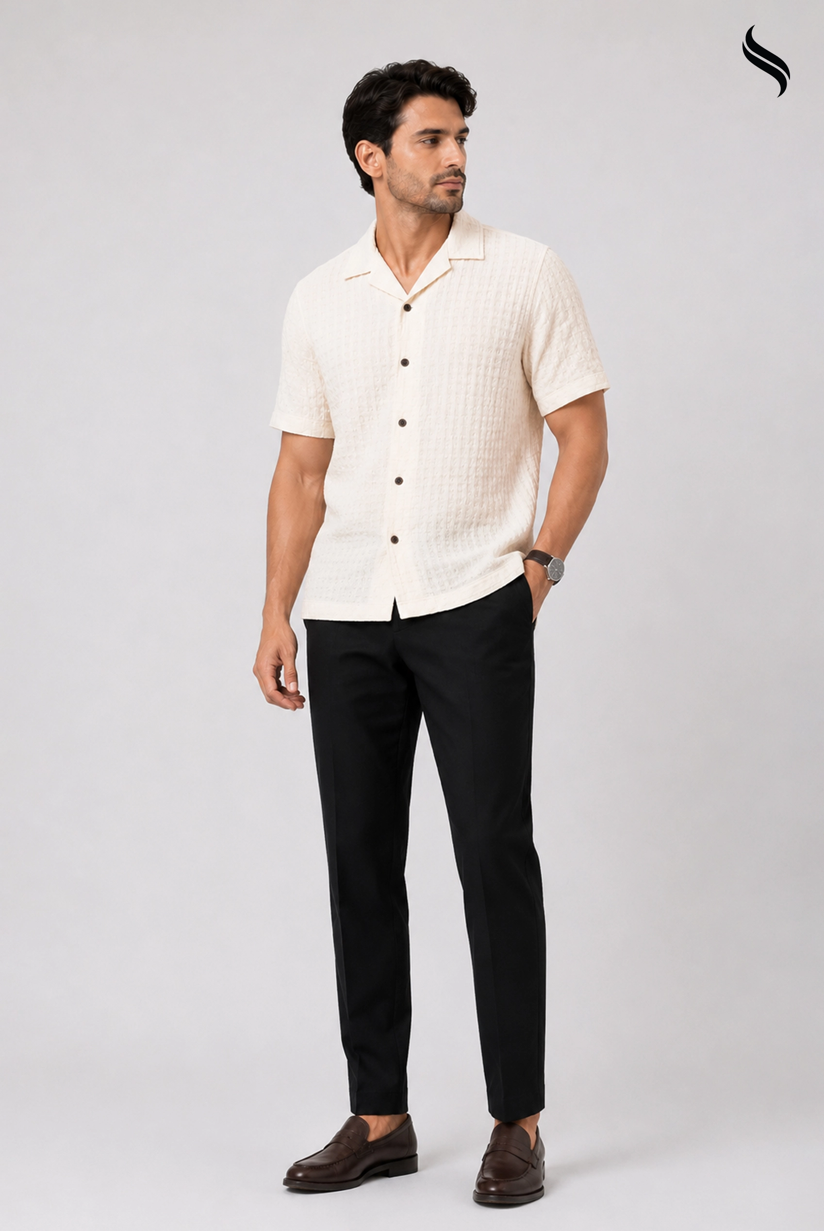 SEESHELL Men's Cuban Shirt Woven Cotton Texture Off White (Off-white Color) 01