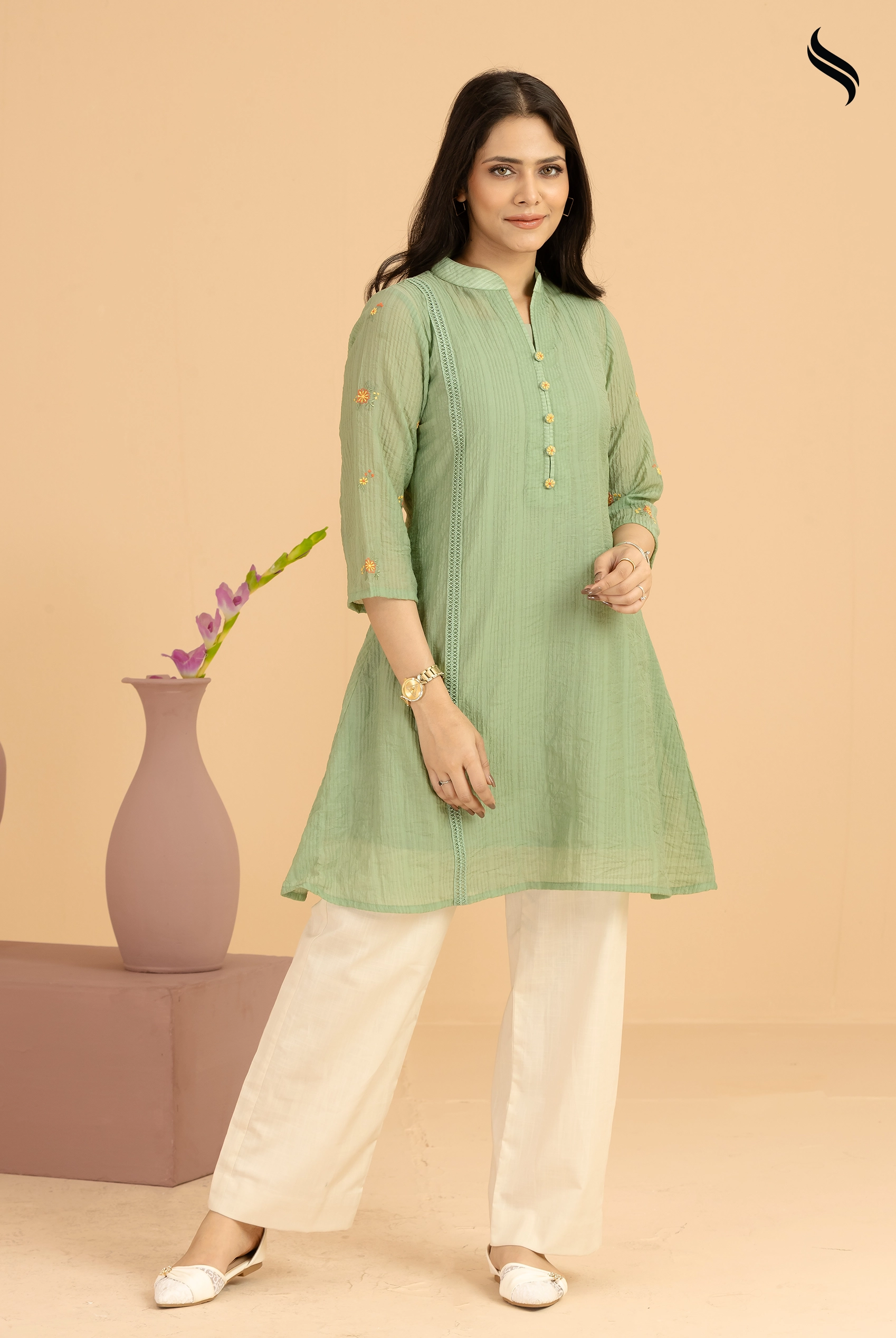 Olive embroidery work Semi casual one piece dress (Olive Color) 01
